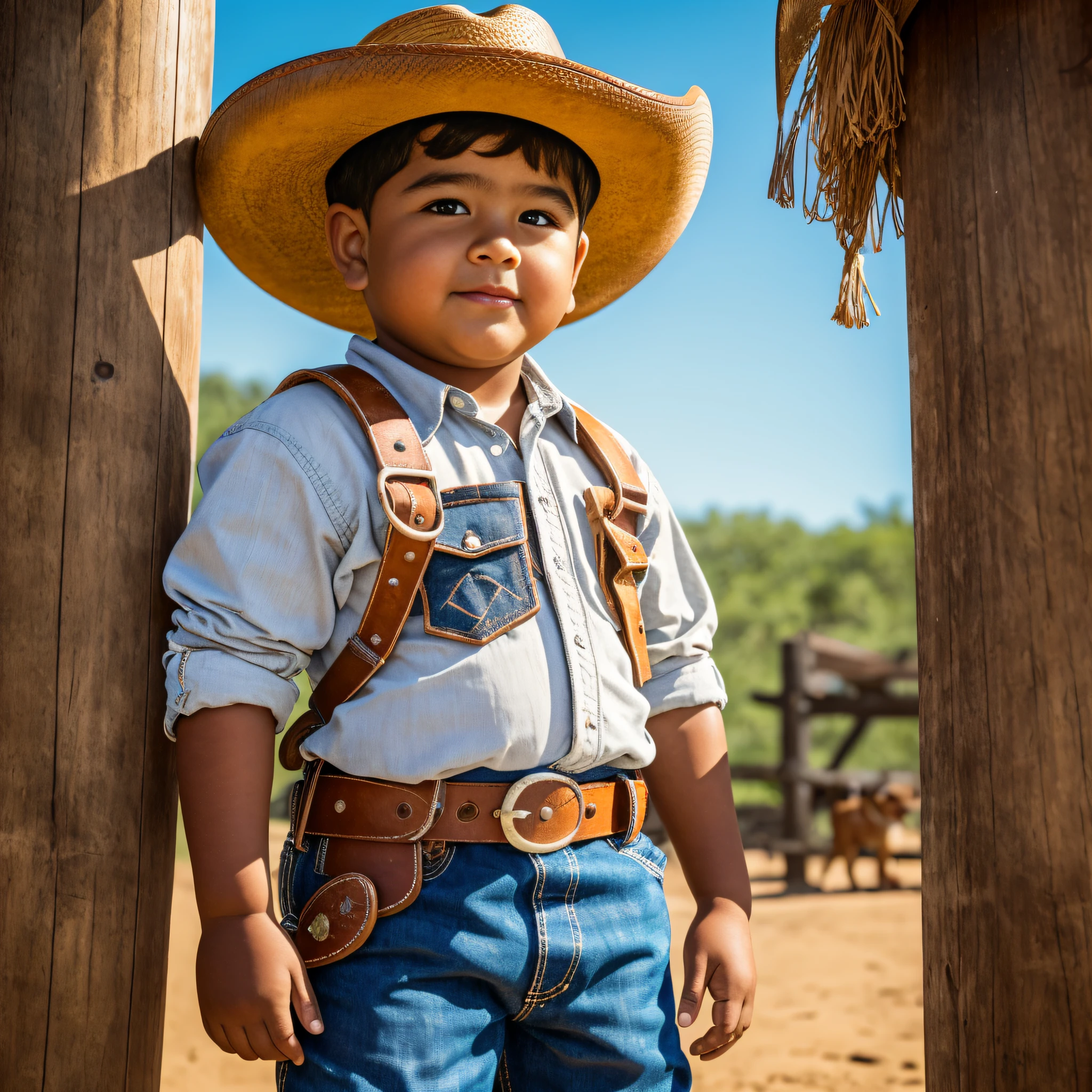 A chubby, 7--old ino boy's face, tanned skin, wearing cowboy clothes, cowboy hat, belt with cowboy buckles and a knife tied around his waist, an orange-haired dog in the background on a farm, ultra-realistic details, 4k