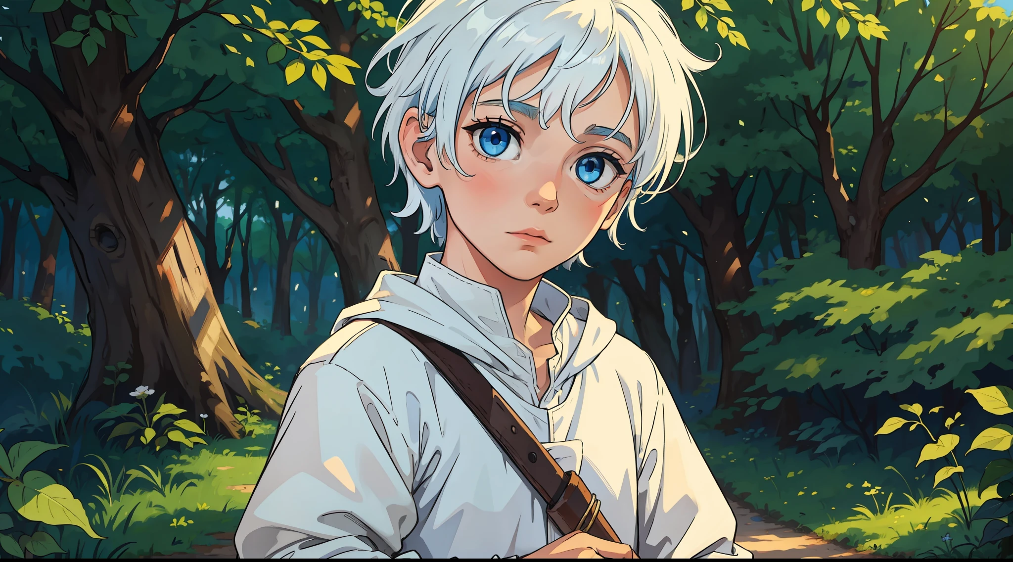 A boy, a young child with blue eyes and white hair, wearing simple and poor medieval clothes, in the middle of a green and beautiful forest;