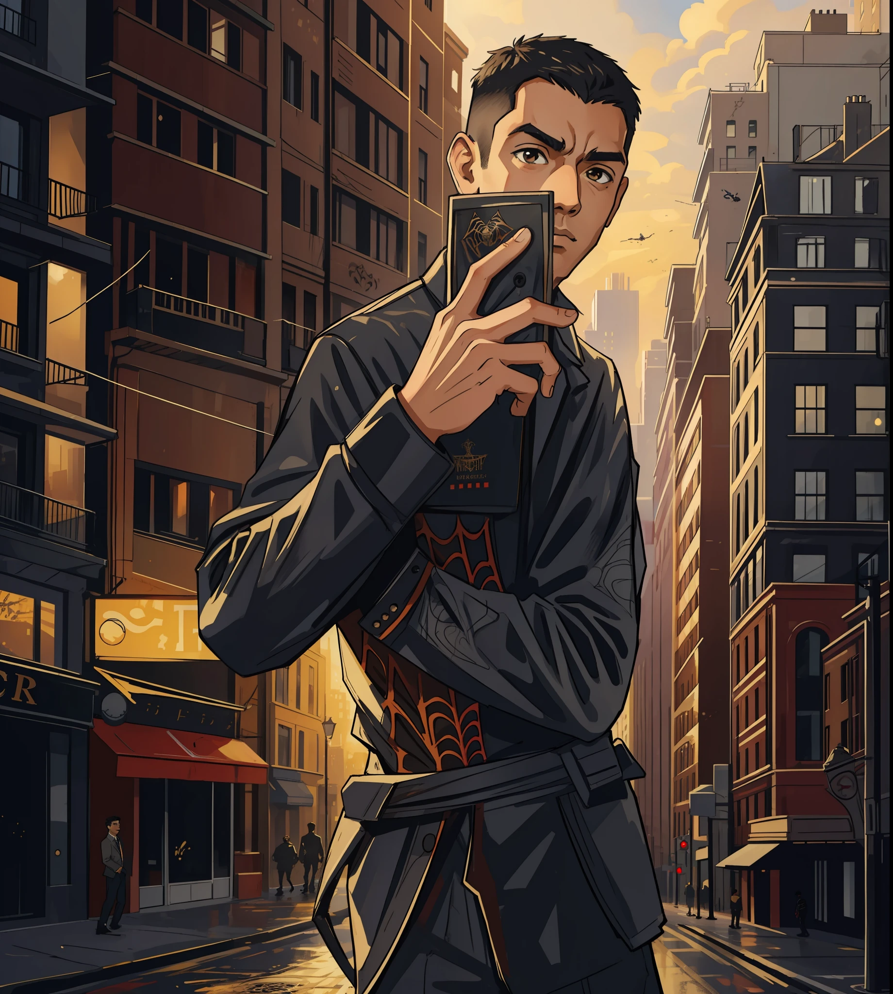 (masterpiece, best quality),  intricate details, 8k, artstation, wallpaper, official art, splash art, sharp focus,
1boy,  Victor Gabriel, short hair, Brown eyes, Black hair, 
 spider suit, spider web print, spider web,  
skyscrappers, city, buildings, cars, street,