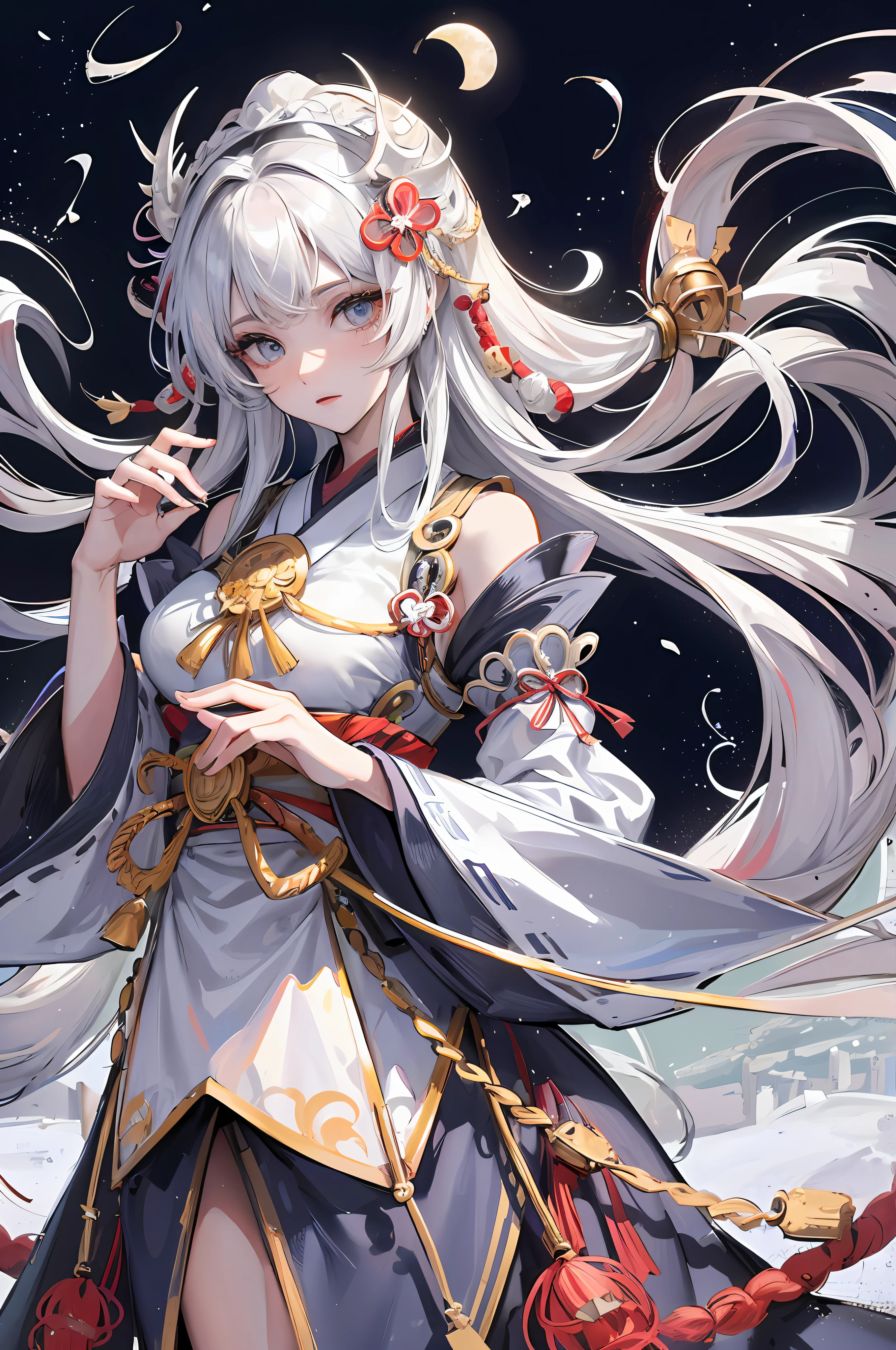 Tsukiyomi-dōjin, Tsukiyomi-zun, the incarnation of the moon, the supreme god of Japan, the deification of the ancient Japanese god and the moon. The ancestor of the Japanese emperor, the Japanese Shinto god, sister of Amaterasu, the background is the Japanese Tsukiyo Shrine, ((petite and cute breasts)), sister, extremely lonely expression, majesty, daunting, (bloodthirsty), blue eyes, Japanese makeup, kneeling on the ground, shaping the cold atmosphere, moonlight shrouded in the earth, fair skin, long silver-white hair, moon standard on the forehead, sister, (blue and white sky feather, wide sleeves), clogs, white socks, perfect legs, simple belt, ( A large number of luxurious silver jewelry), (perfect flesh full of texture), cold rendering effect, jaw-dropping, captivating visual enjoyment, ((best quality), ((masterpiece)), maximum definition, 8K wallpaper, official art, multi-layered texture , super detailed, illustration, (super detailed face), (perfect face), clear texture, fine texture, Ultra HD detail display, Excellent image performance, high-quality illustration, perfectly fitting harmonious tones, deep lines, precise brush strokes, It has a strong sense of three-dimensionality and delicate wearing, wonderful color matching, and intricate details
