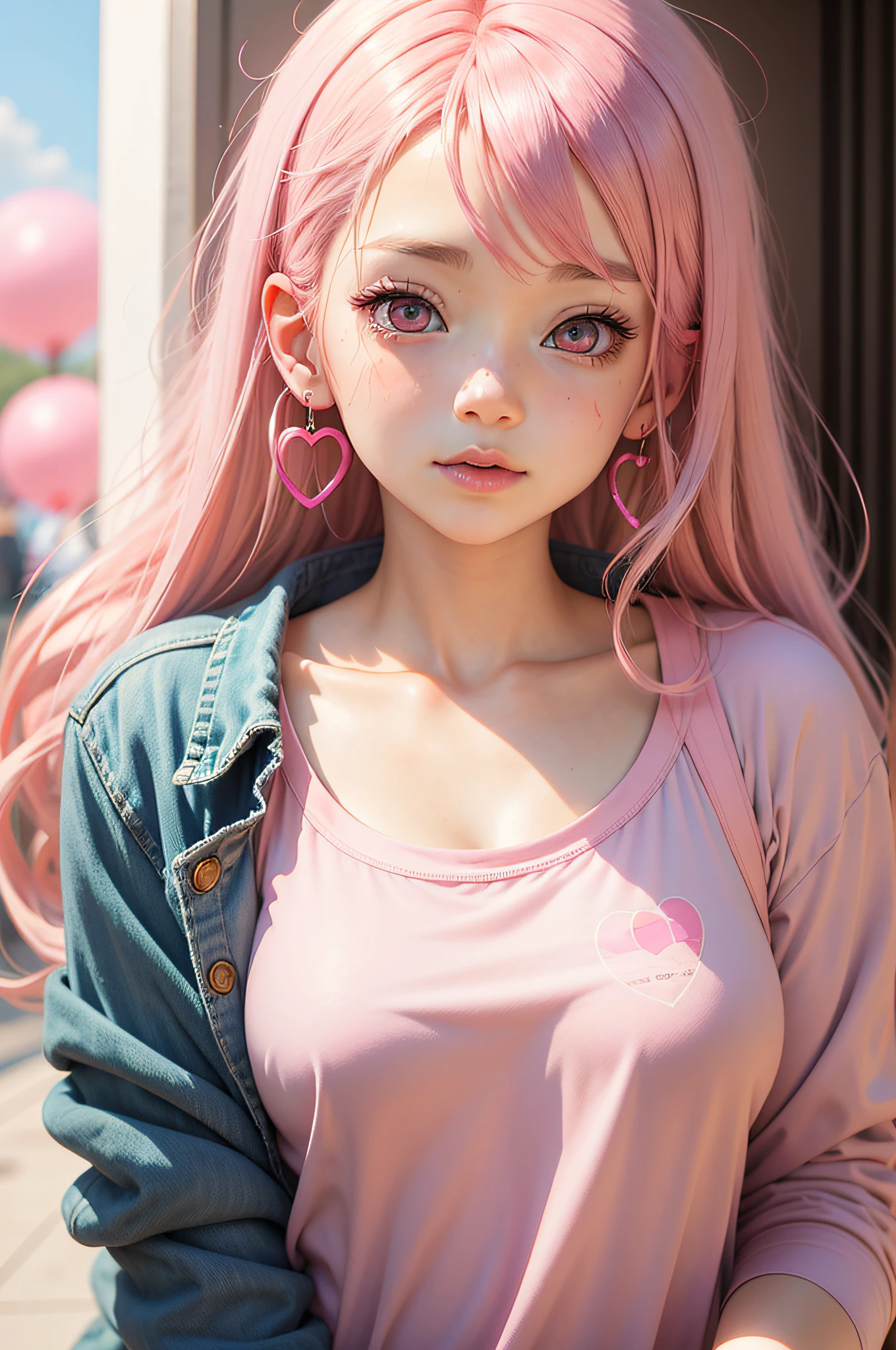 anime girl with pink hair and pink heart earrings, pink girl, anime vibes, glowing pink face, kawaii realistic portrait, anime aesthetic, cute anime girl portraits, beautiful anime art style, kawaii aesthetic, ((pink)), cute anime girl, beautiful anime portrait, beautiful anime style, beautiful pink little alien girl, anime girl, rossdraws pastel vibrant