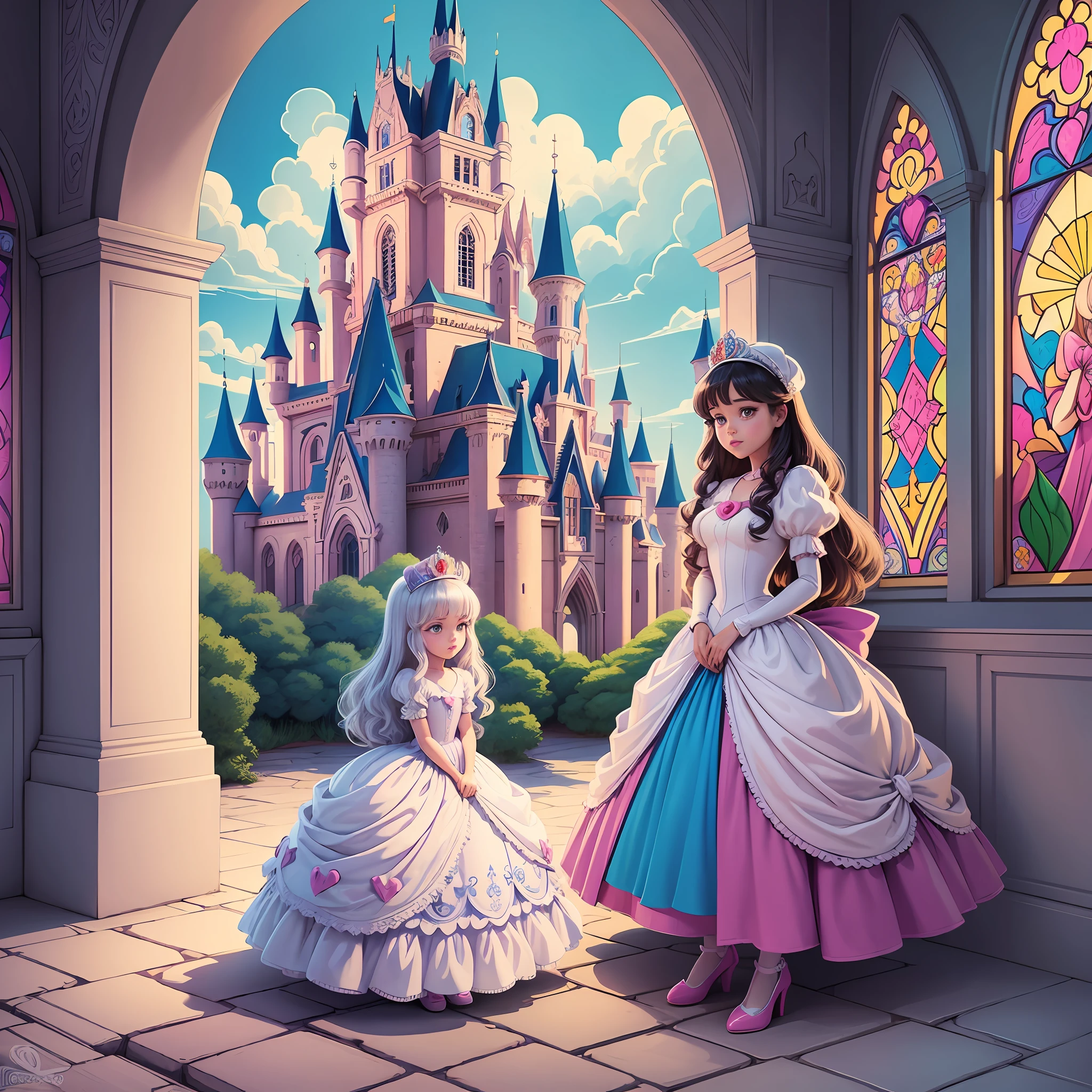 Coloring book page for kids, Princess in the backyard of a castle, cartoon illustration for kids, color style and images inspired by Disney Pop Art, timeless art, high-contrast shading, pictorial fabrics, grandiose environments, stained glass effects --auto --s2
