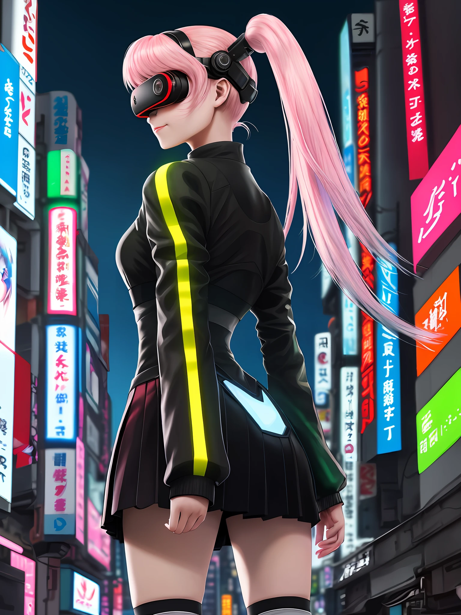 masterpiece, top quality, realistic, subsurface scattering, chromatic lighting, color, red + green + blue + yellow limited color palette, detailed concept diagram, cyberpunk, futuristic, 18 years old 1 woman, big soft breasts, open clothes, see-through jacket, anime face, big eyes, cyberpunk tokyo street, Japan beautiful girl, beautiful ass, angle from below, back view, Akihabara at night, One girl, white beautiful skin, moisturized pink lips, cute smile, no background person, futuristic electric town, long twin tails, gentle eyes, high school girl black mini skirt, VR goggles on the head, no pants, beautiful thighs, knee high socks, beautiful fingers, 8K, high quality anime, electrocity, miihi, Niziu, Miihi, digital contact lenses,