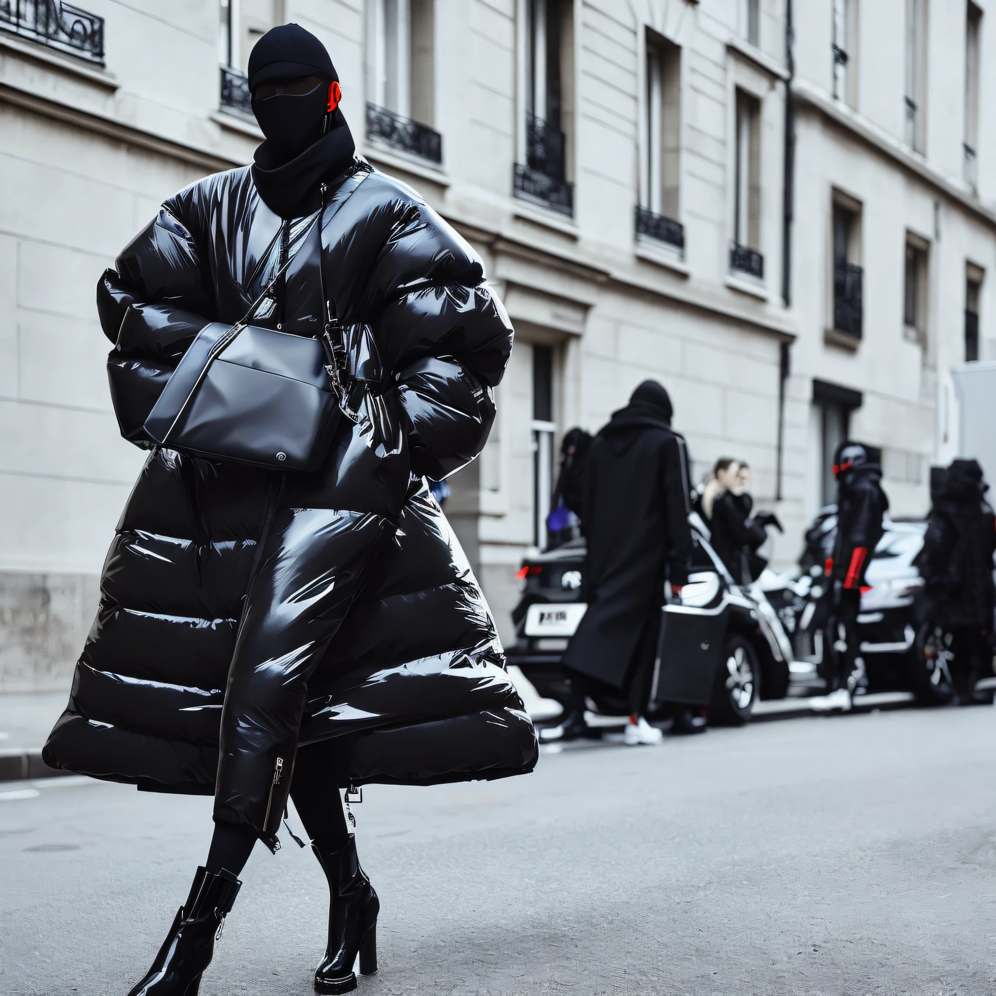 araffe wearing a black coat and black boots walking down a street, paris fashion week, wearing cyberpunk streetwear, wearing urban techwear, futuristic techwear, cyberpunk streetwear, by Raphaël Collin, vetements, styled like ghost in the shell, comme des garcon campaign, balenciaga fashion, techwear fashion, future inflatable jacket
