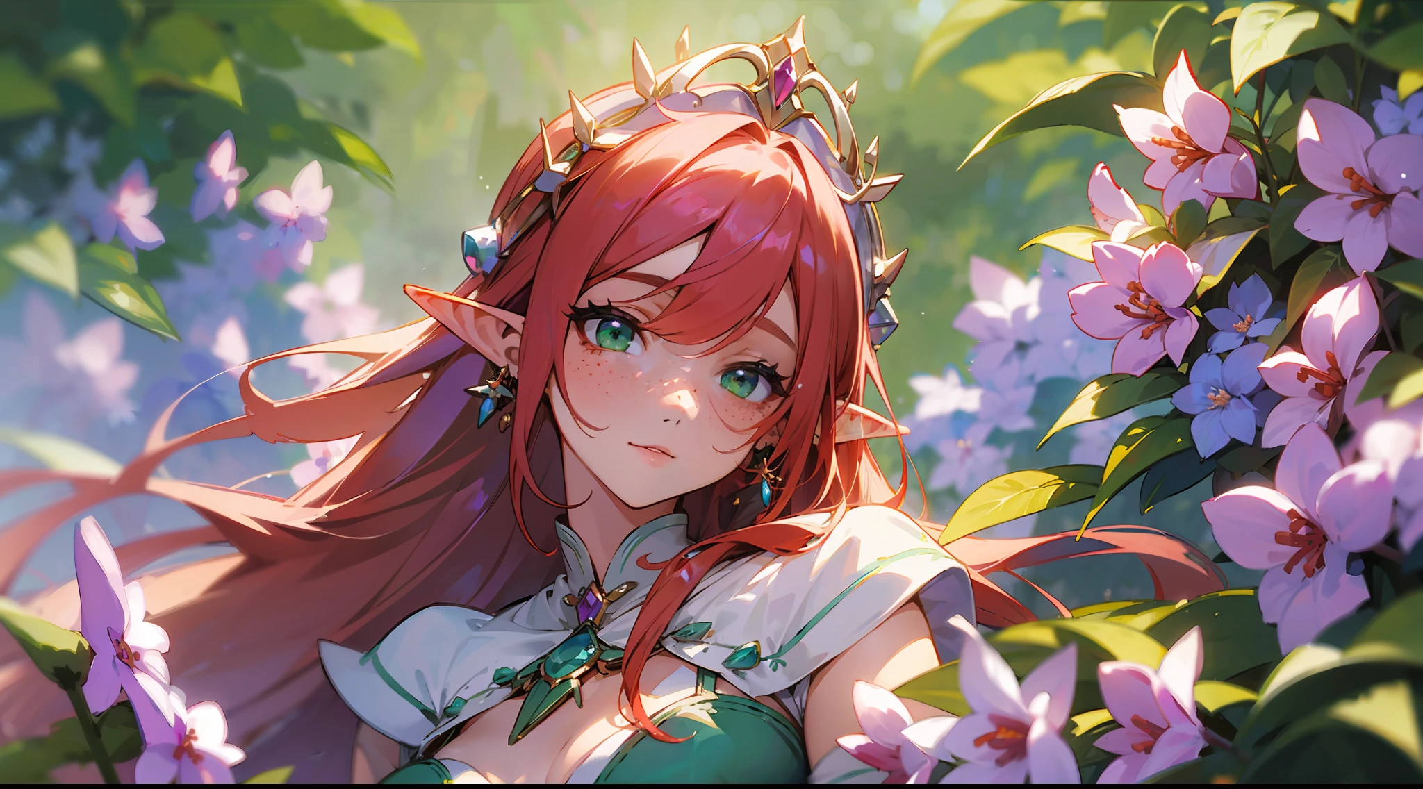 (watercolor: 1.2), elf princess, lilac flower, freckles, bangs, redhead, long hair, green eyes, hair between eyes, earrings, blurred background, high resolution, beautiful breasts, medium chest, full body --auto --s2