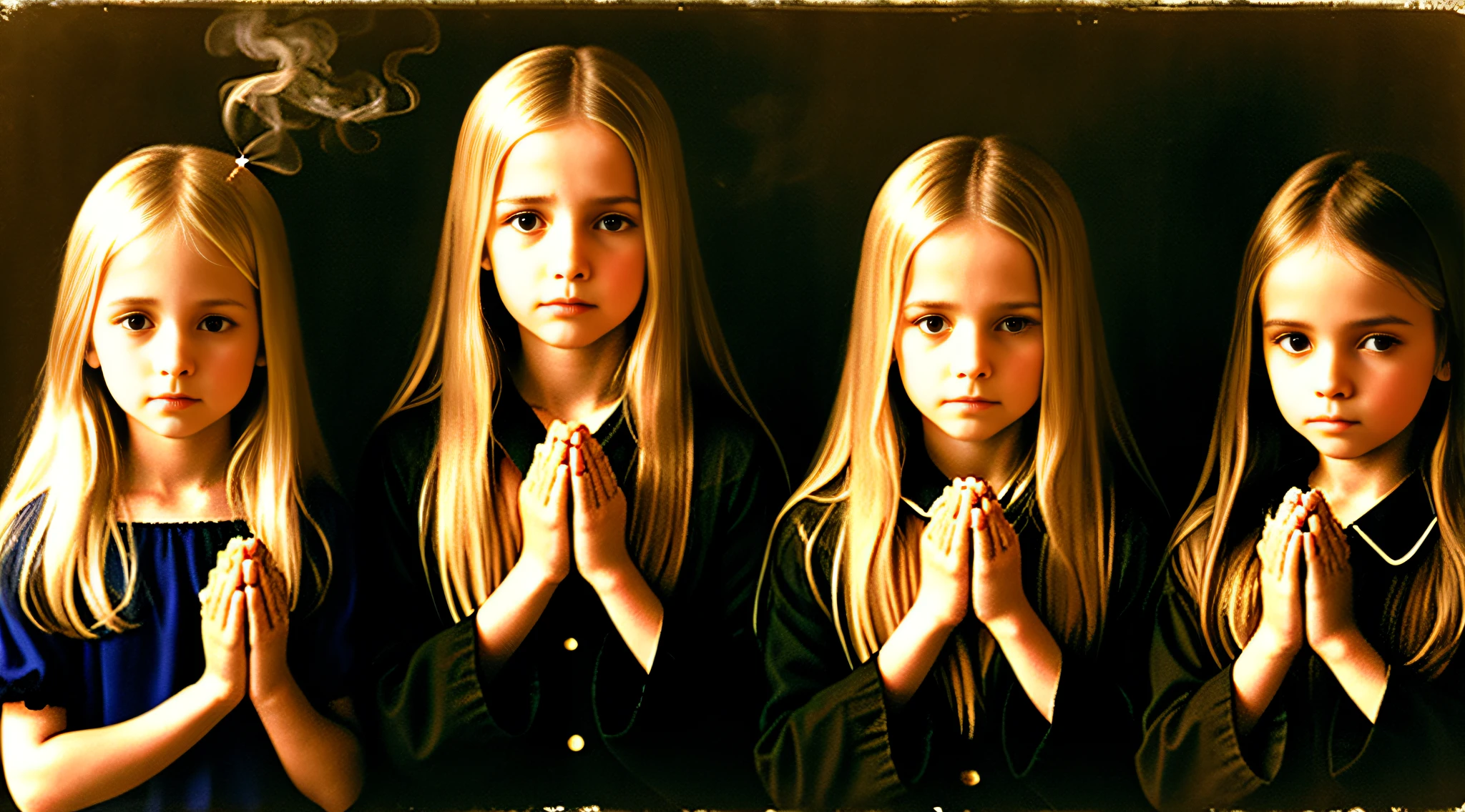 3 girls Russian children with 10 years old, WITH LONG STRAIGHT HAIR blonde, PORTRAIT STYLE, someone holding a cigarette in his hand with smoke coming out of it, forming a burning hand spell, burning hands, emanating magic from their palms, prayer hands, emerging hands, praying, coherent hands, solemn gesture, blessing hands, hand photography, magical art flowing from hands,  hands, head in hand, hands protecting face, dramatic, praying with tobacco