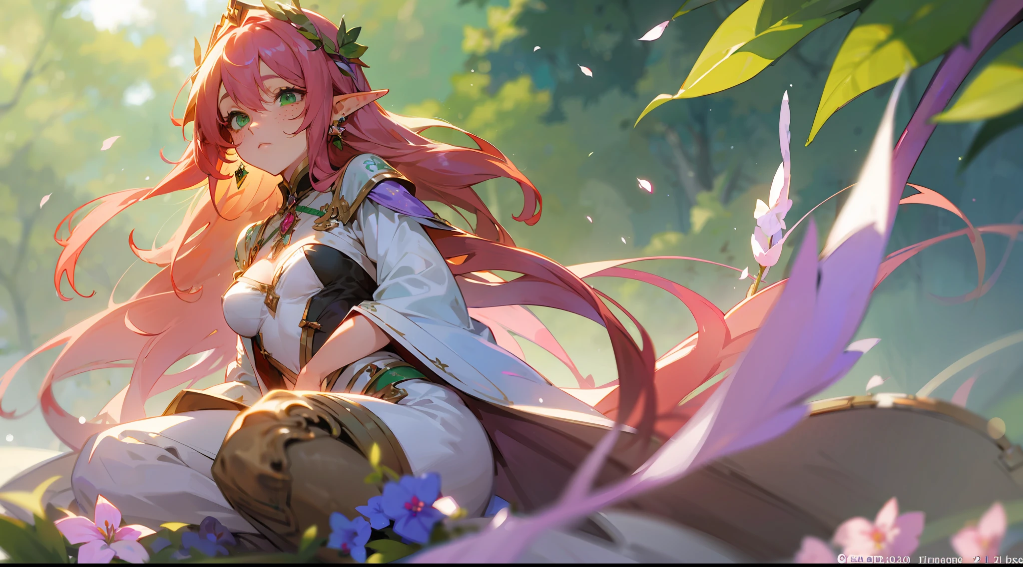 (watercolor: 1.2), elf princess, lilac flower, freckles, bangs, redhead, long hair, green eyes, hair between eyes, earrings, blurred background, high resolution, beautiful breasts, medium chest, full body --auto --s2