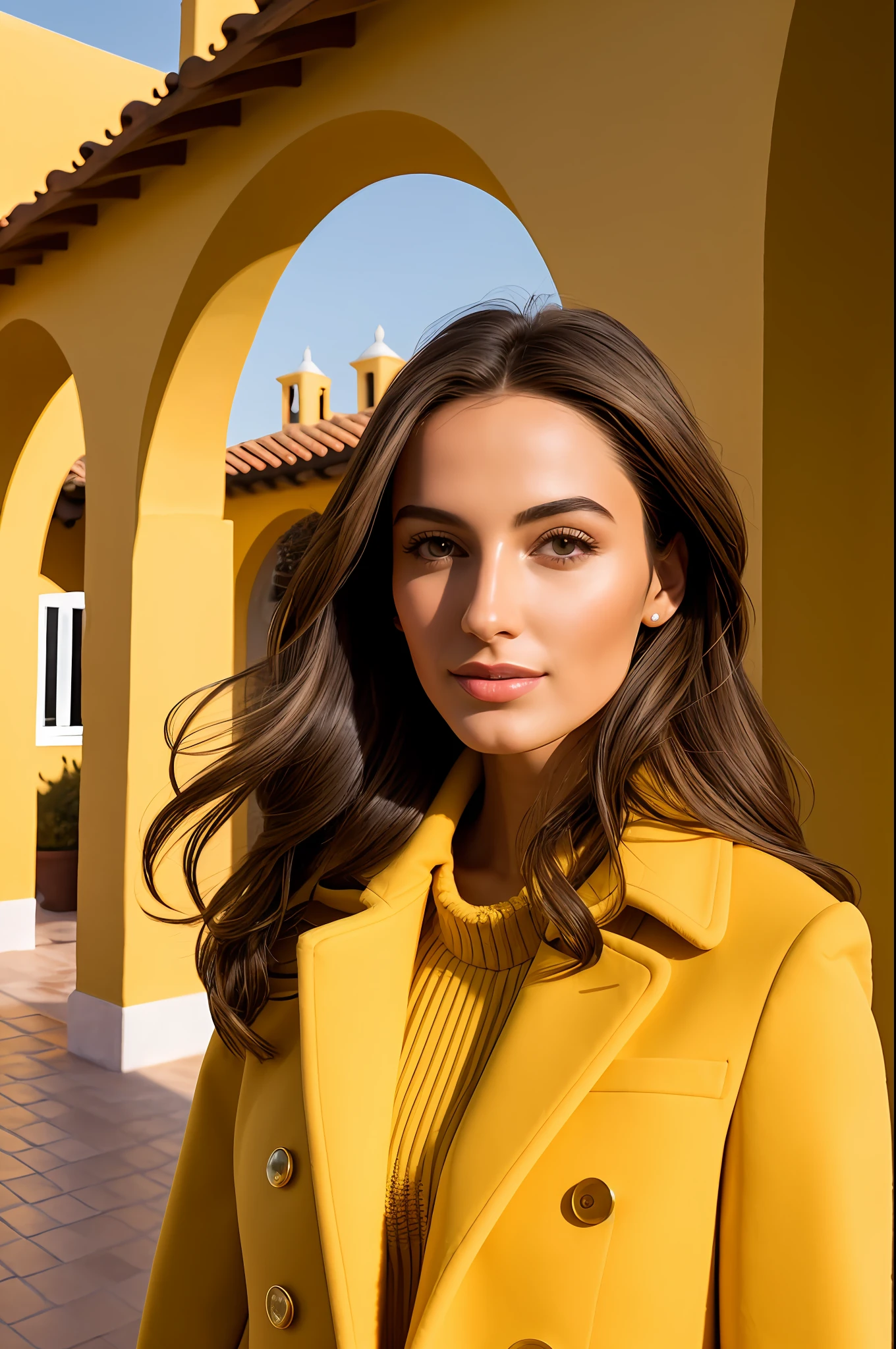 Close-up, Woman with brown hair, dynamic and elegant pose, wearing yellow coat, in a house with Mediterranean architecture, golden hour, 8k, hyper detailed, beautiful