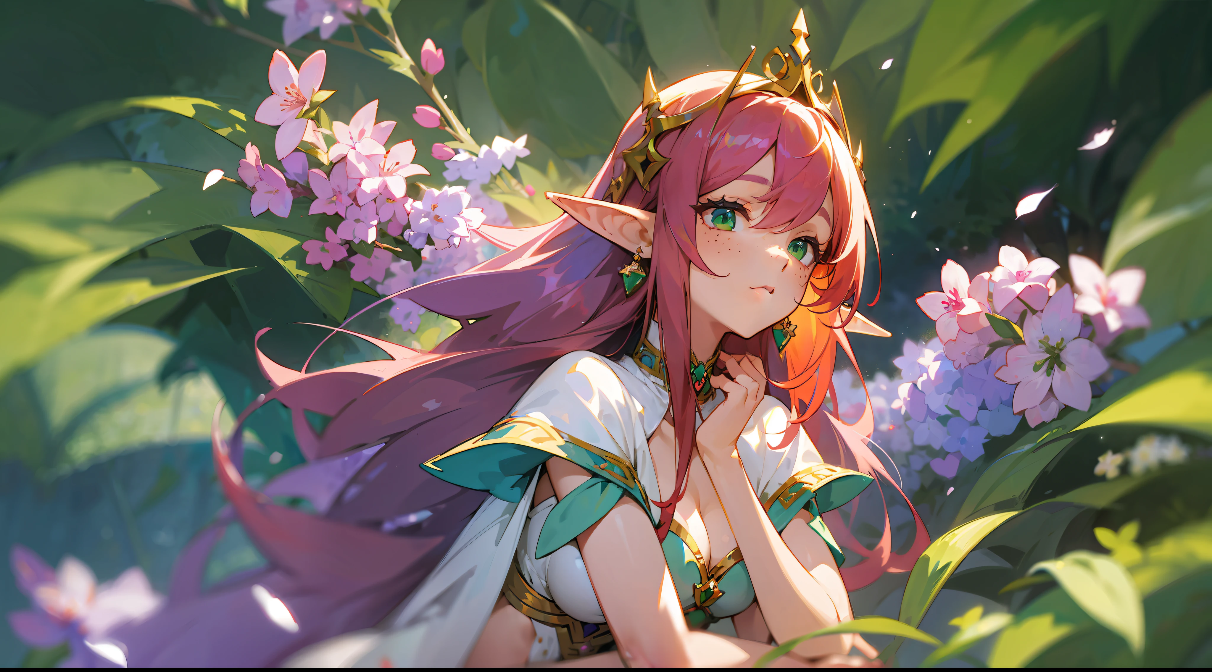 (watercolor: 1.2), elf princess, lilac flower, freckles, bangs, redhead, long hair, green eyes, hair between eyes, earrings, blurred background, high resolution, beautiful breasts, medium chest, full body --auto --s2