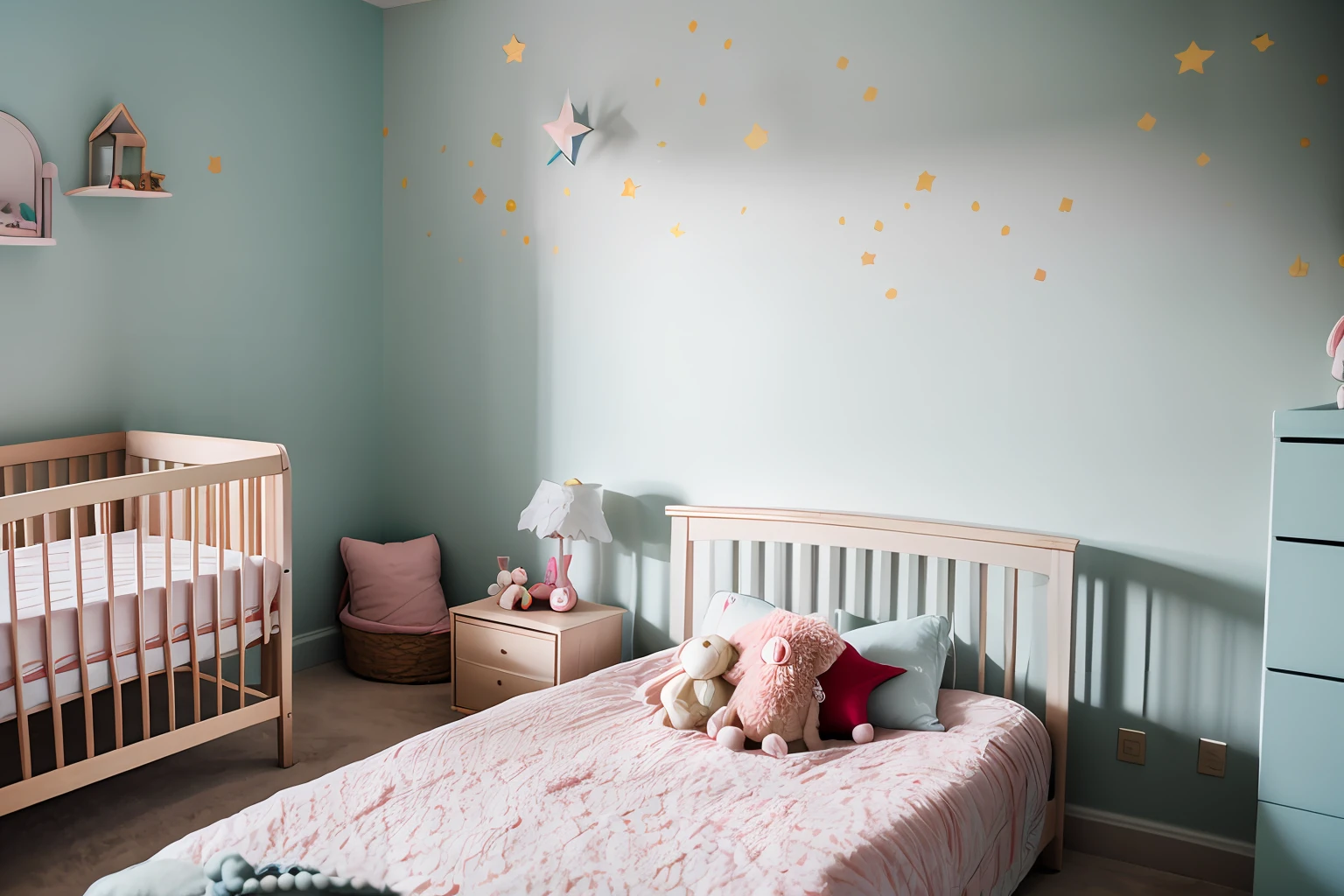 a photo of a  nurcery room in a sunny day, baby  toys, indoors, lifelike texture, Fujifilm XT2, 85mm F1.2, (bokeh), high contrast