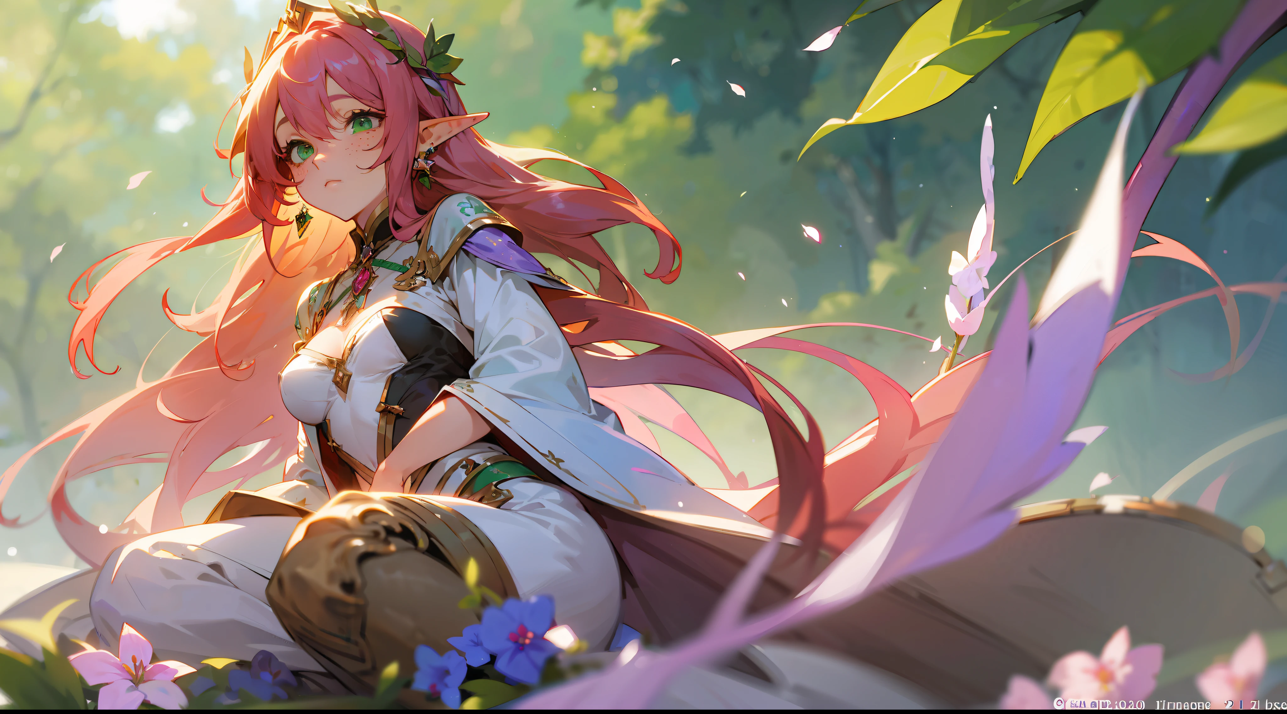(watercolor: 1.2), elf princess, lilac flower, freckles, bangs, redhead, long hair, green eyes, hair between eyes, earrings, blurred background, high resolution, beautiful breasts, medium chest, full body --auto --s2