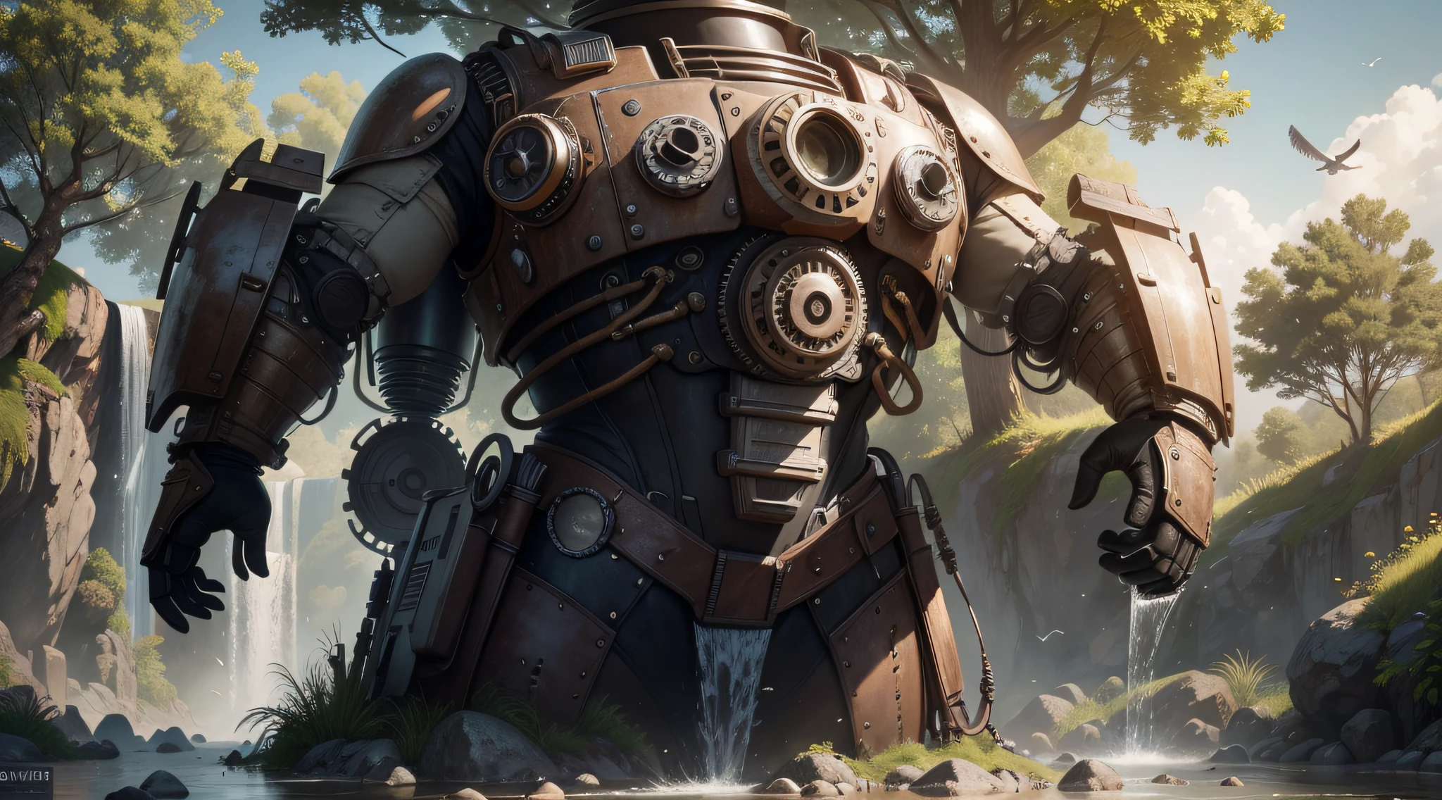 maximum quality, photorealism, 8k, film, high resolution, outdoor, top view, lighting with sunny afternoon, (sunny afternoon: 1.2), southeast pacific, (high lighting: 1.2), gigantic aged metal robot, weapons, parts, gears, water, moisture, leaning against a plain, covered with plants and trees, (flying birds:1.2), waterfalls, streams, stones on the riverside, metal with rustic texture, masterpiece, maximum quality, (afternoon:1.4), sunny afternoon, before sunset, general plan, light depth of field, lomography, maximum quality, beautiful, masterpiece, photorealism, 8k, realistic texture high resolution, grain of film, Shot on a Canon EOS-1D X Mark III, 36mm lens, F/1.8, sharp focus