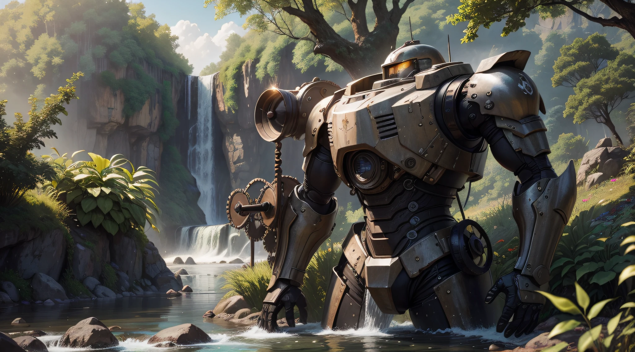 maximum quality, photorealism, 8k, film, high resolution, outdoor, top view, lighting with sunny afternoon, (sunny afternoon: 1.2), southeast pacific, (high lighting: 1.2), gigantic aged metal robot, weapons, parts, gears, water, moisture, leaning against a plain, covered with plants and trees, (flying birds:1.2), waterfalls, streams, stones on the riverside, metal with rustic texture,  masterpiece, maximum quality, (afternoon:1.4), sunny afternoon, before sunset, general plan, light depth of field, lomography, maximum quality, beautiful, masterpiece, photorealism, 8k, realistic texture high resolution, grain of film, Shot on a Canon EOS-1D X Mark III, 36mm lens, F/1.8, sharp focus