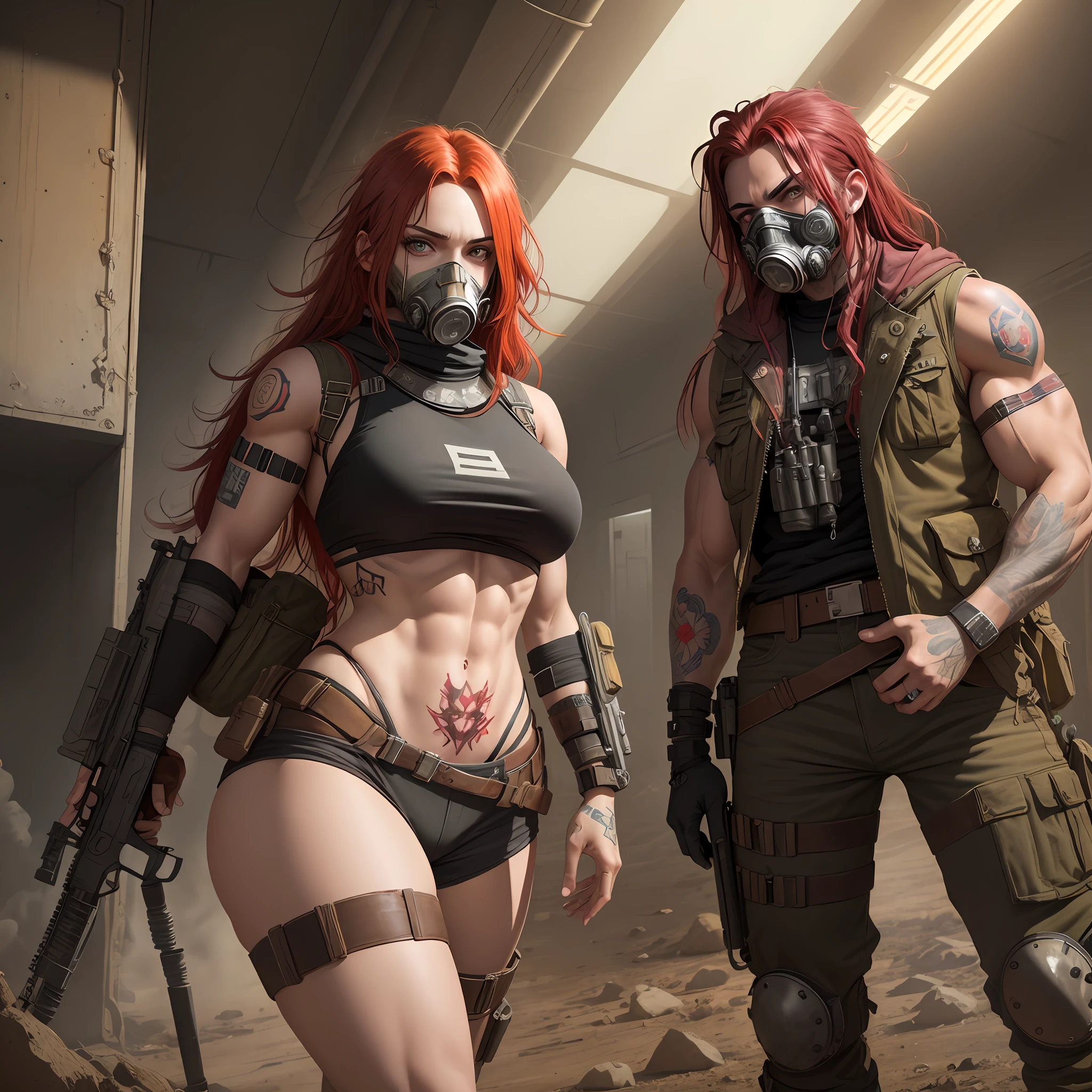 Wasteland punk, intersex lighting, ak47, gas mask, long red hair, tattoos, big breasts, long legs, muscular woman, hips, open thighs, delicate picture quality.