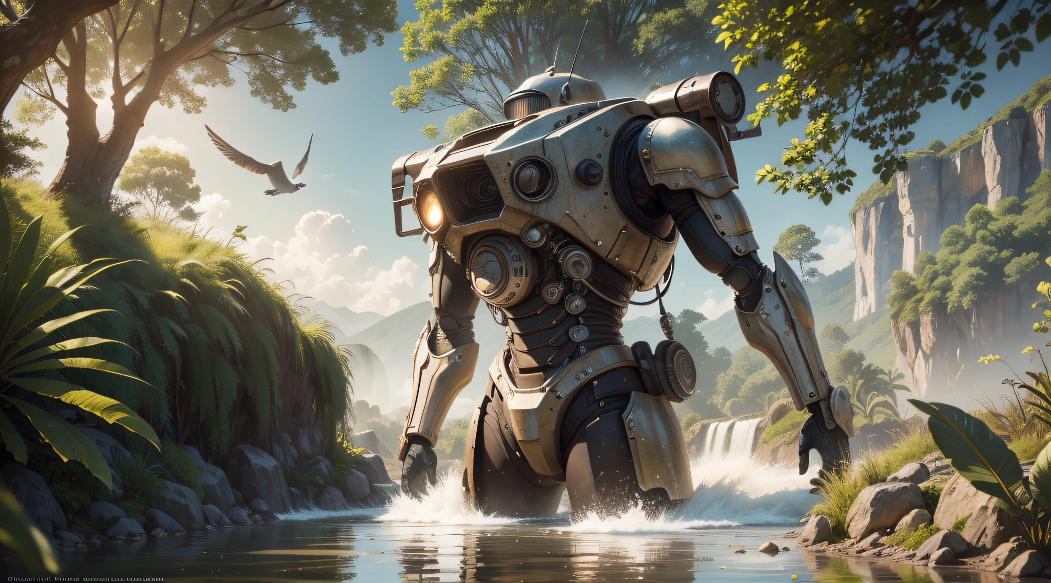 maximum quality, photorealism, 8k, film, high resolution, outdoor, top view, lighting with sunny afternoon, (sunny afternoon: 1.2), southeast pacific, (high lighting: 1.2), gigantic aged metal robot, weapons, parts, gears, water, moisture, leaning against a plain, covered with plants and trees, (flying birds:1.2), waterfalls, streams, stones on the riverside, metal with rustic texture, masterpiece, maximum quality, (afternoon:1.4), sunny afternoon, before sunset, general plan, light depth of field, lomography, maximum quality, beautiful, masterpiece, photorealism, 8k, realistic texture high resolution, grain of film, Shot on a Canon EOS-1D X Mark III, 36mm lens, F/1.8, sharp focus