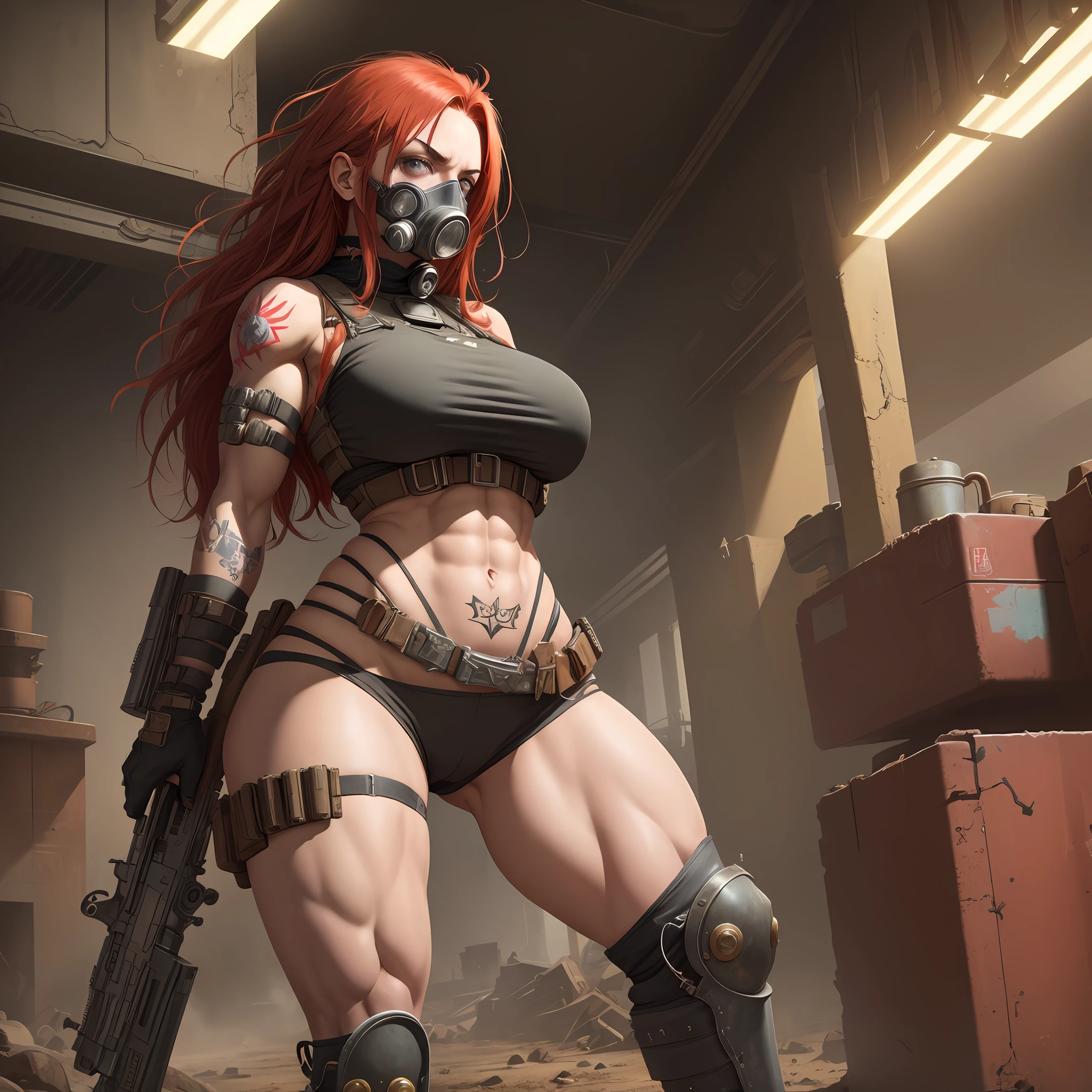 Wasteland punk, intersex lighting, ak47, gas mask, long red hair, tattoos, big breasts, long legs, muscular woman, hips, open thighs, delicate picture quality.