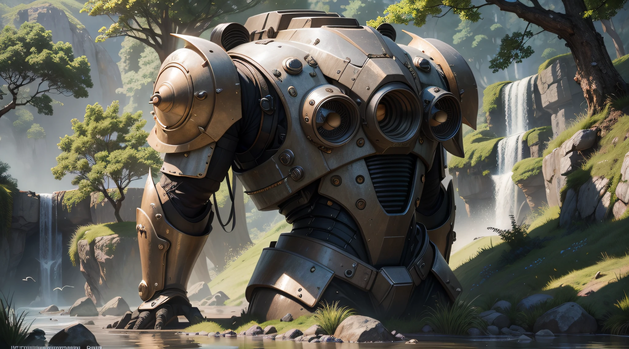 maximum quality, photorealism, 8k, film, high resolution, outdoor, top view, lighting with sunny afternoon, (sunny afternoon: 1.2), southeast pacific, (high lighting: 1.2), gigantic aged metal robot, weapons, parts, gears, water, moisture, leaning against a plain, covered with plants and trees, (flying birds:1.2), waterfalls, streams, stones on the riverside, metal with rustic texture,  masterpiece, maximum quality, (afternoon:1.4), sunny afternoon, before sunset, general plan, light depth of field, lomography, maximum quality, beautiful, masterpiece, photorealism, 8k, realistic texture high resolution, grain of film, Shot on a Canon EOS-1D X Mark III, 36mm lens, F/1.8, sharp focus