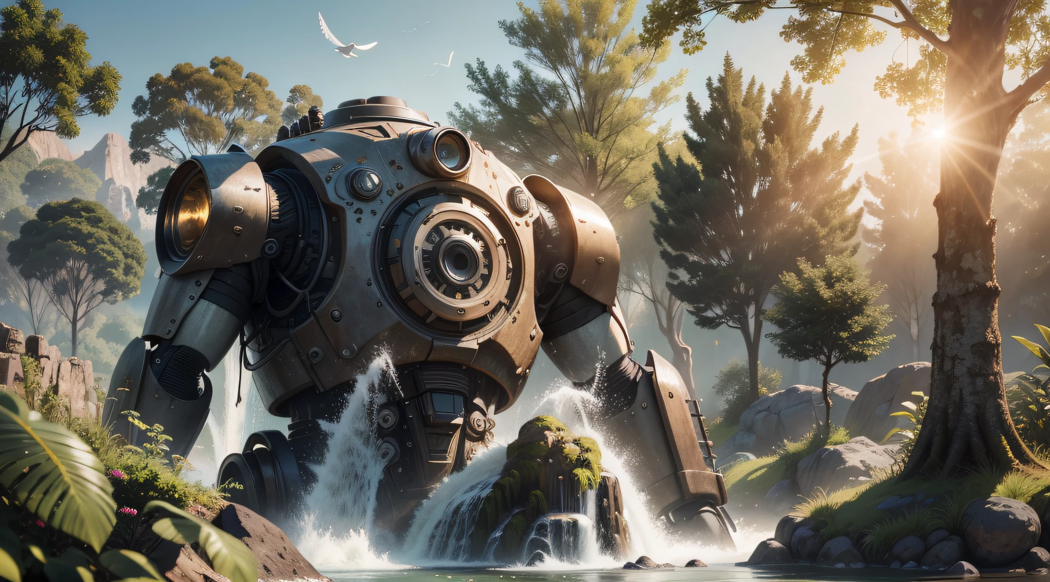 maximum quality, photorealism, 8k, film, high resolution, outdoor, top view, lighting with sunny afternoon, (sunny afternoon: 1.2), southeast pacific, (high lighting: 1.2), gigantic aged metal robot, weapons, parts, gears, water, moisture, leaning against a plain, covered with plants and trees, (flying birds:1.2), waterfalls, streams, stones on the riverside, metal with rustic texture, man on his back on a motorcycle, masterpiece, maximum quality, (afternoon:1.4), sunny afternoon, before sunset, general plan, light depth of field, lomography, maximum quality, gorgeous, masterpiece, photorealism, 8k, realistic texture of high resolution, grain of film, Photographed on a Canon EOS-1D X Mark III, 36mm lens, F/1.8, sharp focus
