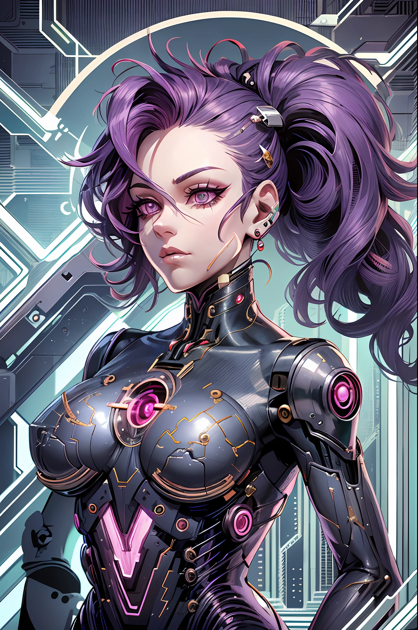 Rarity Cyborg Girl, Rarity of My Little Pony, Bio Organism, Not Human, Mechanical Parts, Bionic Body Parts, Red Glowing Eye, Full Growth, Purple Hair Hair, Twisted Hair, Diamond Earrings, Rhinestones on Mechanisms, Full Body, Very Detailed, Ultra 8k Quality, Broken Parts, Holes in Mechanisms, Cybernetic Organism, Assault Rifle in Hand, Laboratory