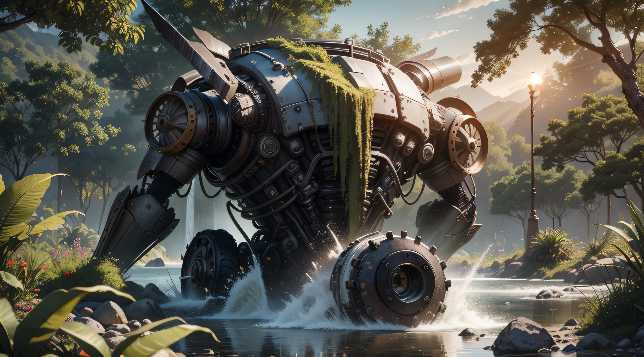maximum quality, photorealism, 8k, film, high resolution, outdoor, top view, lighting with sunny afternoon, (sunny afternoon: 1.2), southeast pacific, (high lighting: 1.2), gigantic aged metal robot, weapons, parts, gears, water, moisture, leaning against a plain, covered with plants and trees, (flying birds:1.2), waterfalls, streams, stones on the riverside, metal with rustic texture,  man on his back on a motorcycle, masterpiece, maximum quality, (afternoon:1.4), sunny afternoon, before sunset, general plan, light depth of field, lomography, maximum quality, gorgeous, masterpiece, photorealism, 8k, realistic texture of high resolution, grain of film, Photographed on a Canon EOS-1D X Mark III, 36mm lens, F/1.8, sharp focus