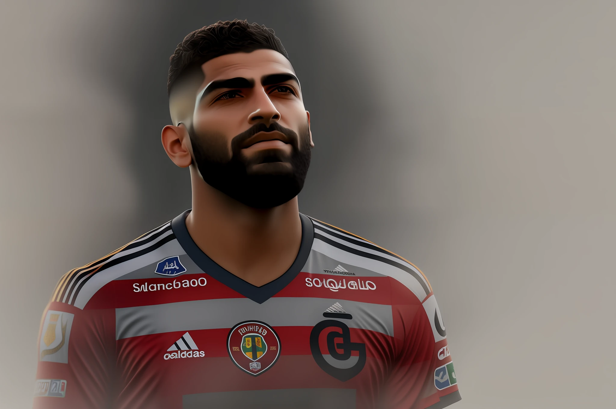 arafed man with a beard and a soccer jersey looking up, mohamed reda, maxwell render, 8k portrait render, emad mostaque, rendered in corona, inspired by Nuno Gonçalves, inspired by Osvaldo Romberg, 8k octae render photo, background : diego fazio, inspired by Volkan Baga, added detail