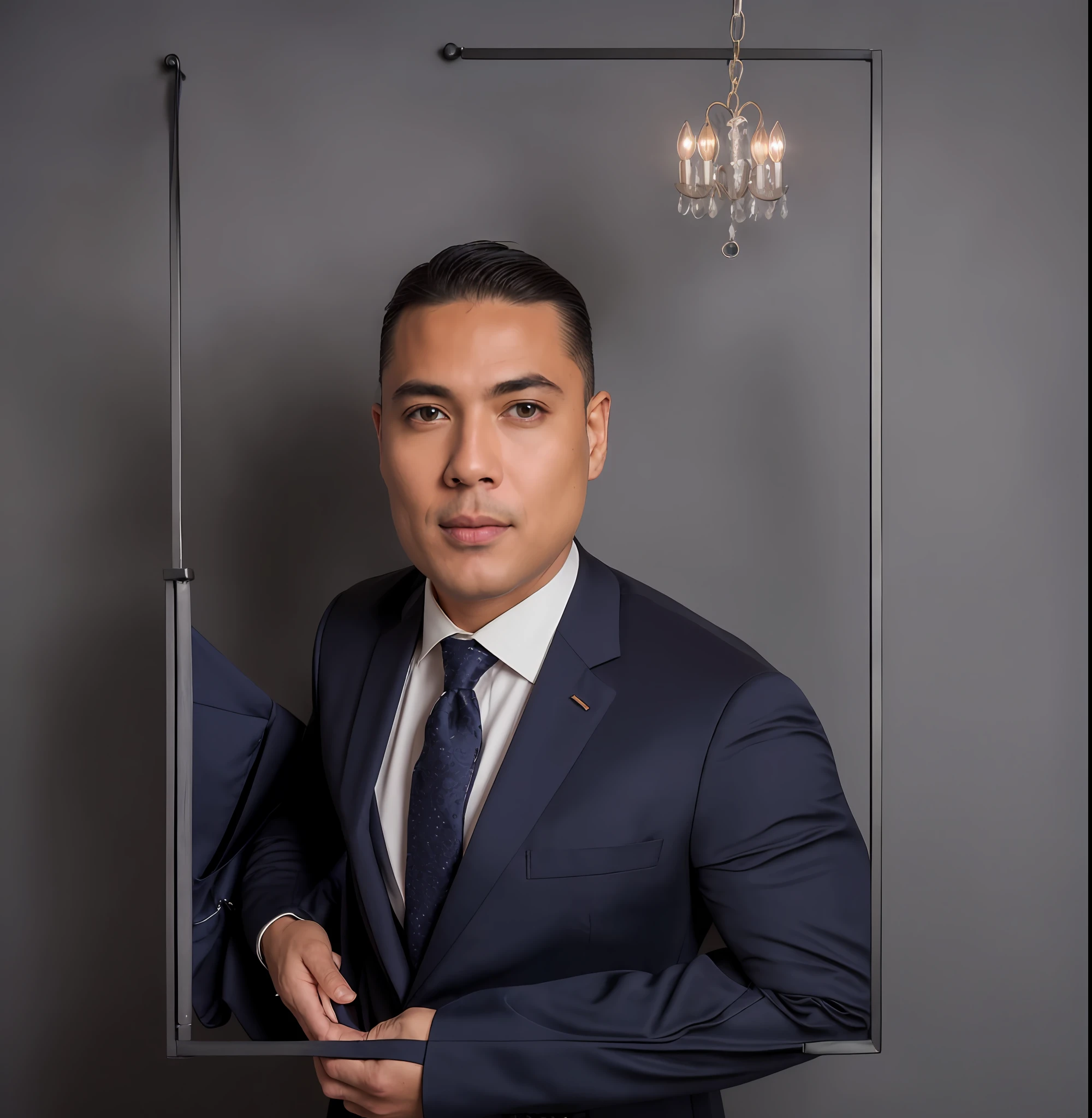 ((photo, wearing a luxurious navy blue modern suit, pocket scarf, chandelier)), ((gray background, symmetrical facial features)), intricate details, studio lighting, 80mm, portrait, shallow depth of field, CEO, smiling, happy 8k uhd, dslr, soft lighting, high quality, film grain, Fujifilm XT3