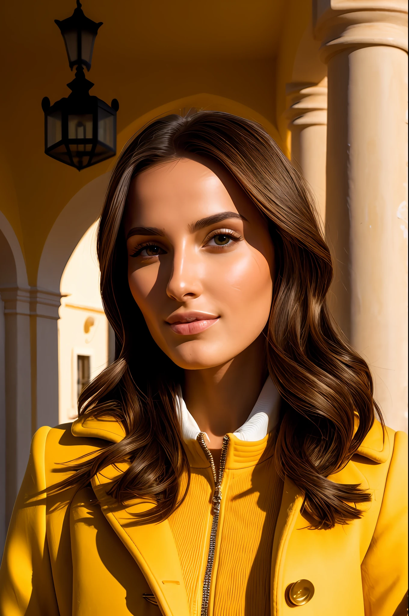 Close-up, Woman with brown hair, dynamic and elegant pose, wearing yellow coat, in a house with Mediterranean architecture, golden hour, 8k, hyper detailed, beautiful