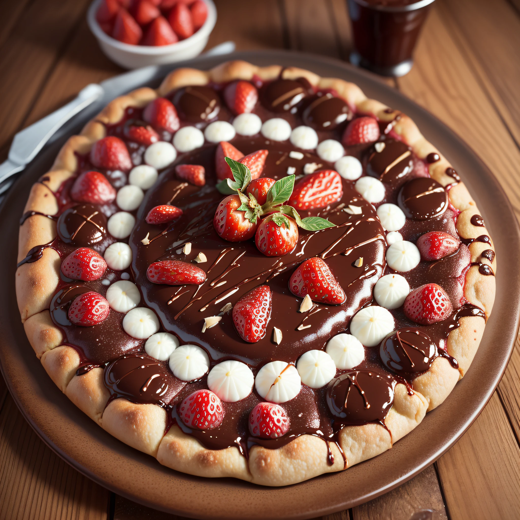 a closeup of a chocolate pizza with strawberries on a plate, pizza, high quality food photography,pizza, easy, (ultra realistic, realistic and coherent, mixed art, professional food photography, ready to eat, an ultra realistic, looks realistic, a hyper realistic, very very realistic, incredibly realistic, pizza, 4k food commercial, very realistic --auto --s2