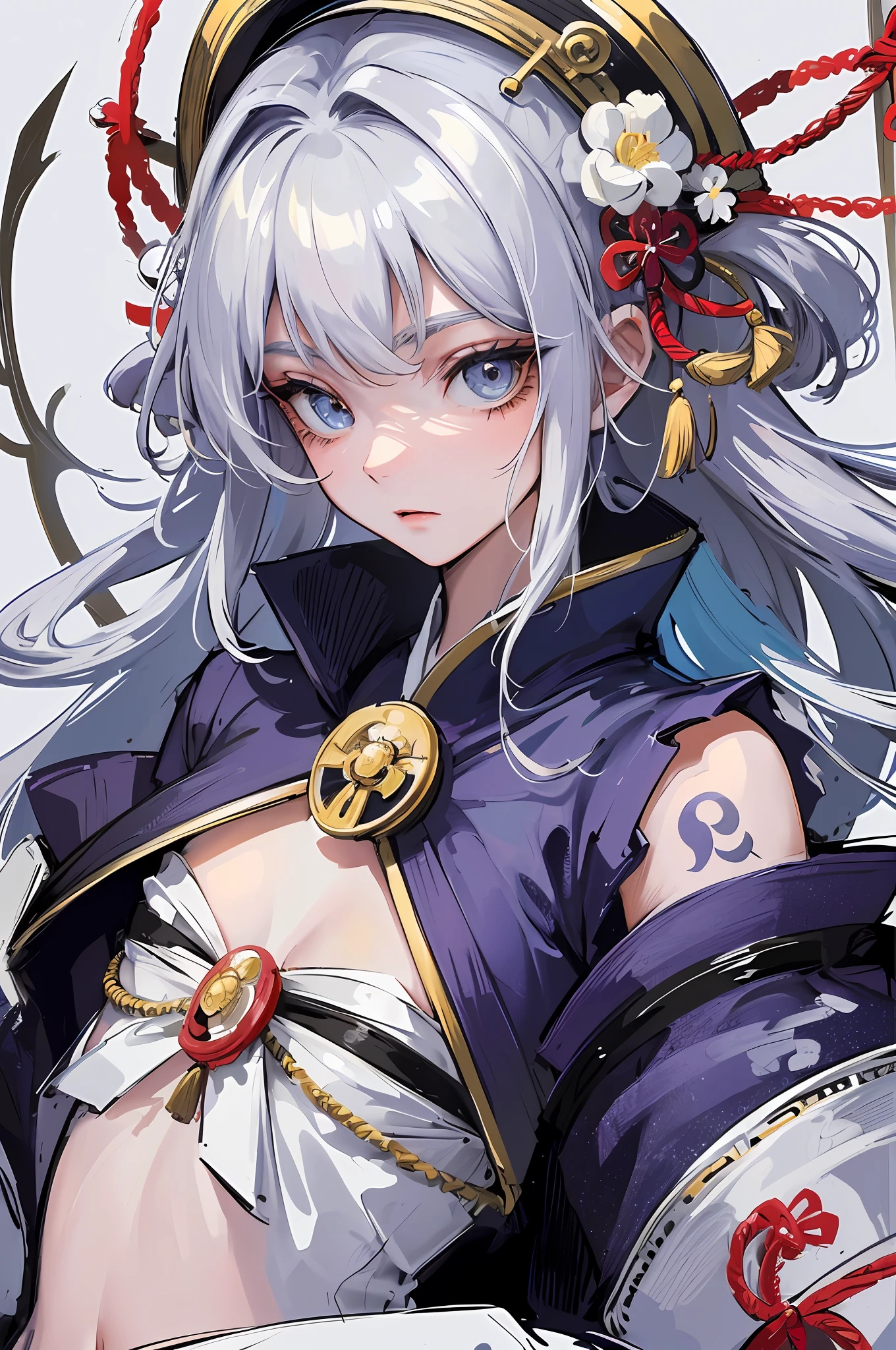 Tsukiyomi-dōjin, Tsukiyomi-zun, the incarnation of the moon, the supreme god of Japan, the deification of the ancient Japanese god and the moon. The ancestor of the Japanese emperor, the Japanese Shinto god, the sister of Amaterasu, the background is the Japanese Tsukiyo Shrine, ((petite and cute breasts)), sister, extremely lonely expression, majesty, daunting, (bloodthirsty), blue eyes, Japanese makeup, kneeling on the ground, shaping the cold atmosphere, moonlight shrouded earth, bloodless skin, long silver-white hair, moon tattoo on the breast, sister, (blue and white sky feather coat, wide sleeves), clogs, white socks, perfect legs, simple belt, ( A large number of luxurious silver jewelry), (perfect flesh full of texture), cold rendering effect, jaw-dropping, captivating visual enjoyment, ((best quality), ((masterpiece)), maximum definition, 8K wallpaper, official art, multi-layered texture , super detailed, illustration, (super detailed face), (perfect face), clear texture, fine texture, Ultra HD detail display, Excellent image performance, high-quality illustration, perfectly fitting harmonious tones, deep lines, precise brush strokes, It has a strong sense of three-dimensionality and delicate wearing, wonderful color matching, and intricate details