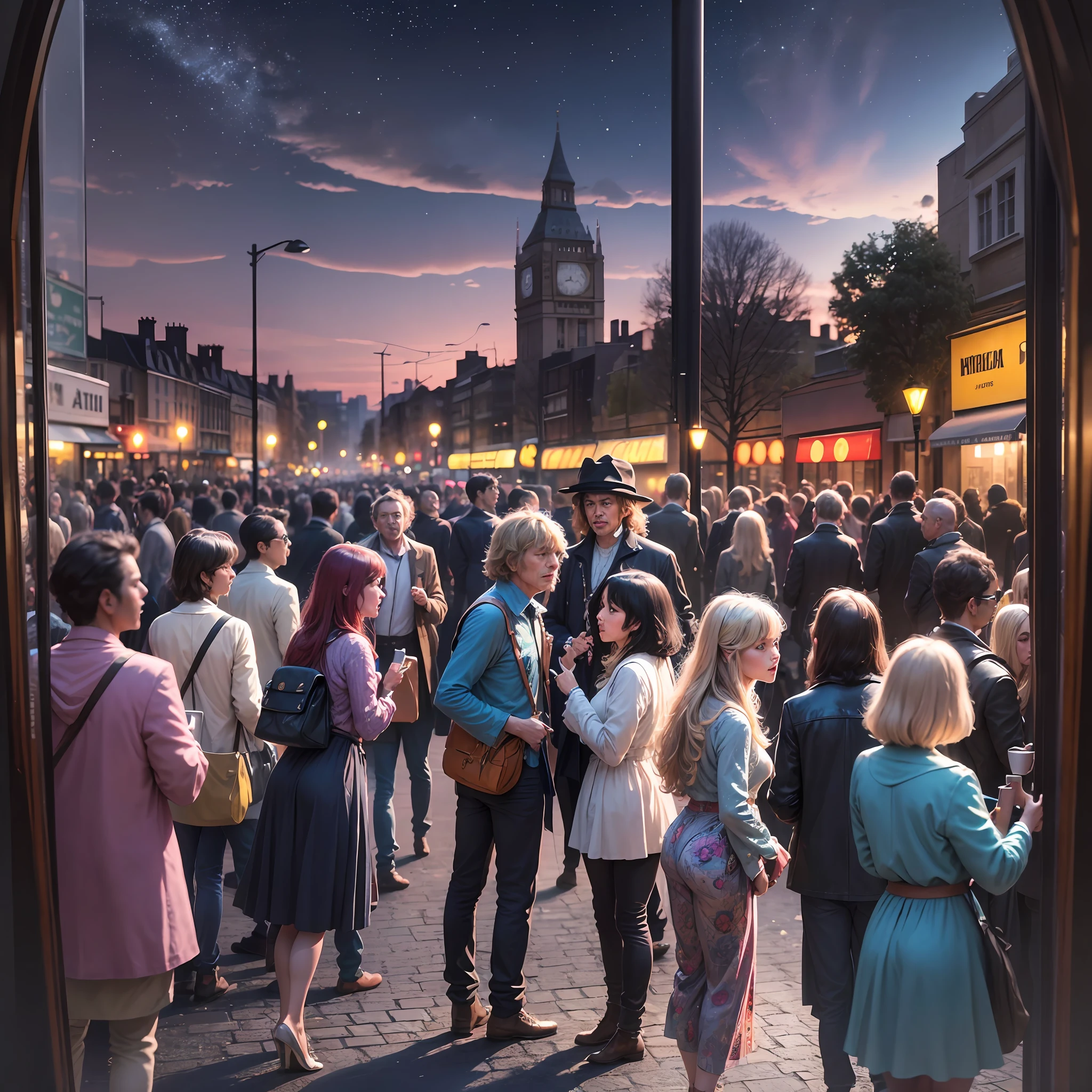 a professional movie photograph of, a (( london in the 1960s)) ((hippie art style)), where the streets are filled with fashionable men and women in flared pants and mini dresses - palpable energy emanates from the music cafes and record shops, and the air is buzzing with the sounds of the beatles, the rolling stones, and jimi hendrix. it's an era of carefree expression and boundary-pushing art, captured in every detail of this image. ultra detailed artistic photography, night sky, detailed
gorgeous faces, , glamour, glimmer, shadows, ultra high definition, 8k, ultra sharp focus, sharp focus photo, uhd, hdr, professionally color graded, perfectly shaded, analog photo, high quality, highres, detail enhancement, 8k, high resolution scan, (photo by nikon d800, 50mm zeiss lens), spotlight --auto --s2