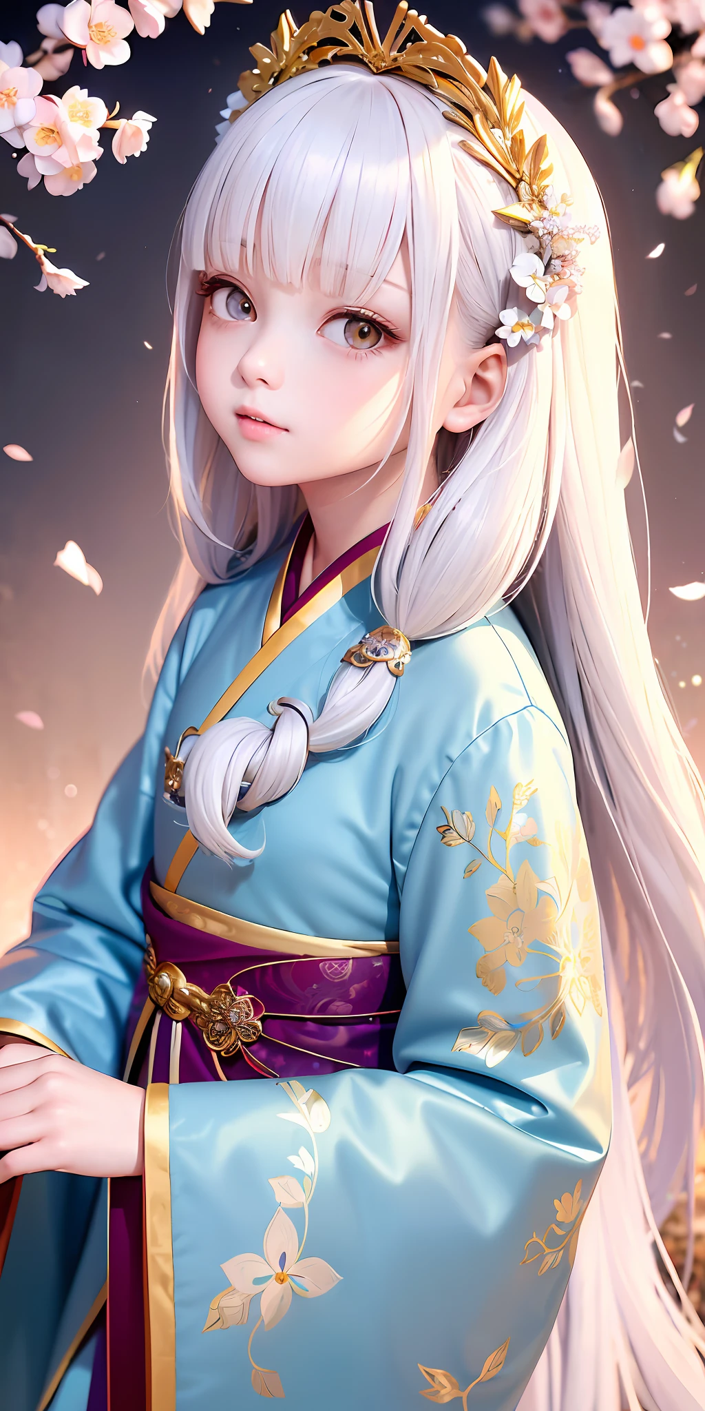 Excellent, (masterpiece, best quality: 1.2), white hair, 1 little girl, golden eyes, light blue hanfu, looking up, upper body, hair, fair skin, long hair, look at the camera, golden costume, portrait of a beautiful girl, shallow and deep scene, cherry blossom petals scattered, intricate details,