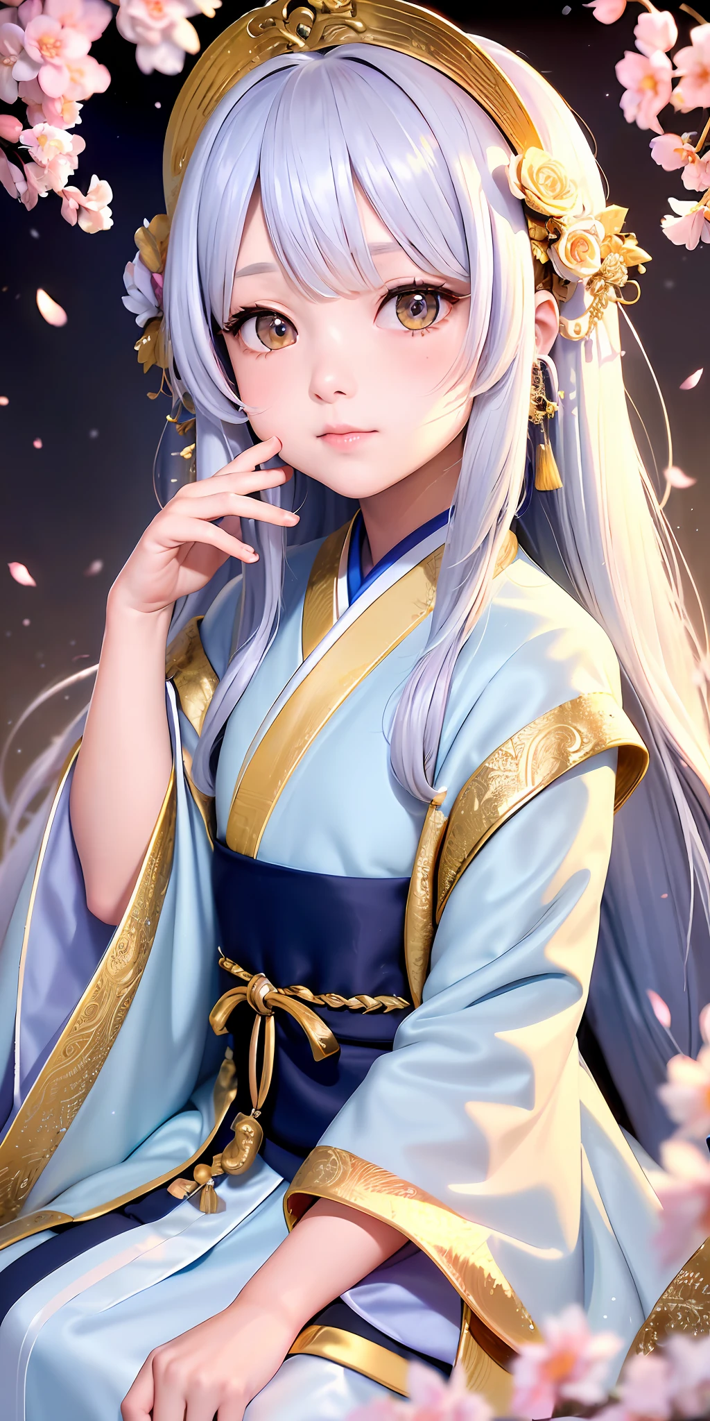 Excellent, (masterpiece, best quality: 1.2), white hair, 1 girl, golden eyes, light blue hanfu, looking up, upper body, hair, fair skin, long hair, look at the camera, golden costume, portrait of a beautiful girl, shallow and deep scene, cherry blossom petals scattered, intricate details,