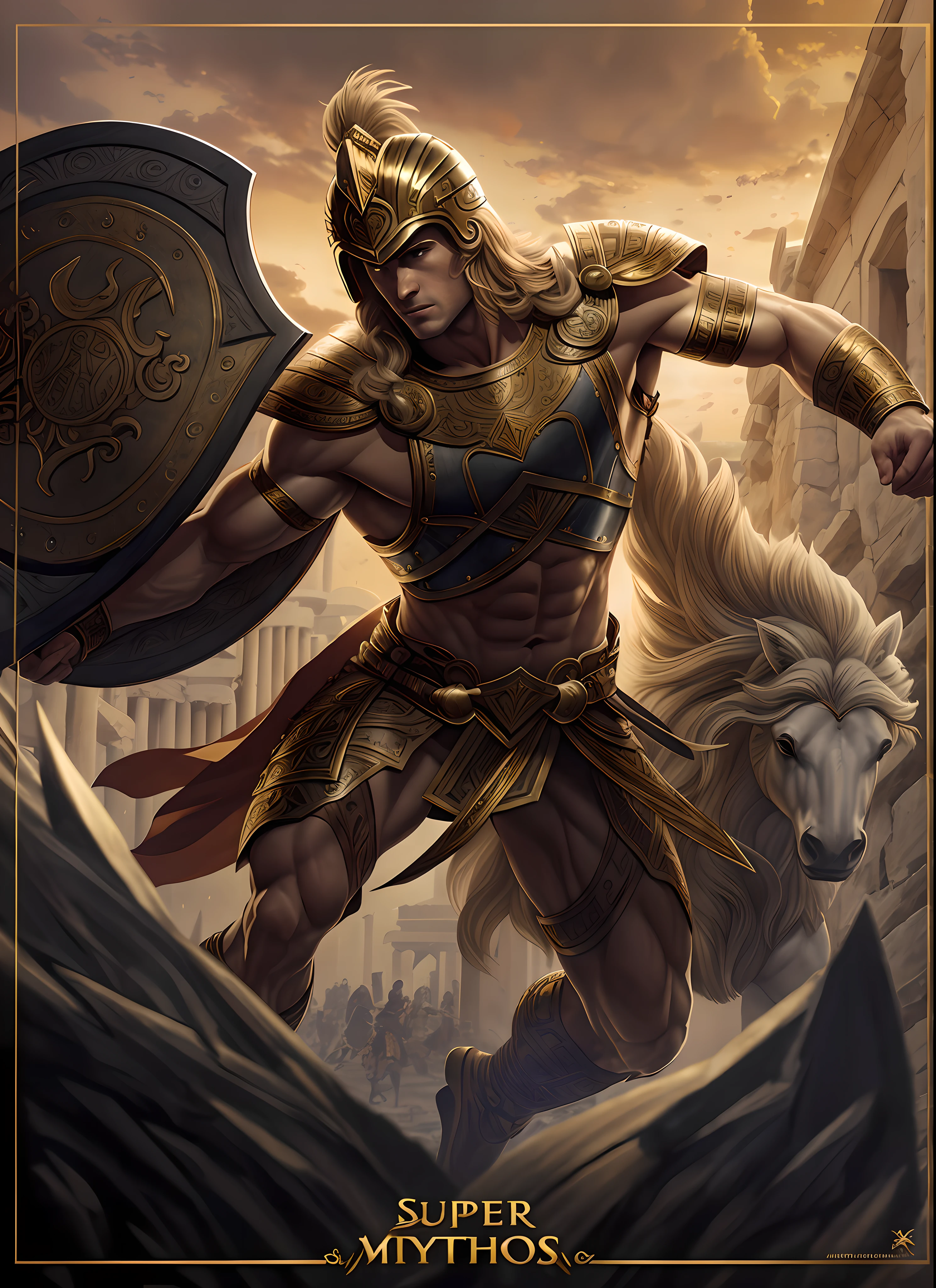 Achilles, the legendary Greek hero, young male, young, muscular physique, wearing ancient Greek armor, ancient Greek helmet, shield, sword, fierce expression, determined stance, flowing golden locks of hair, intricate, elegant, highly detailed, digital painting, art by artgerm and artstation, concept art, dynamic and action-oriented, full body, best quality, masterpiece, super detail, best quality