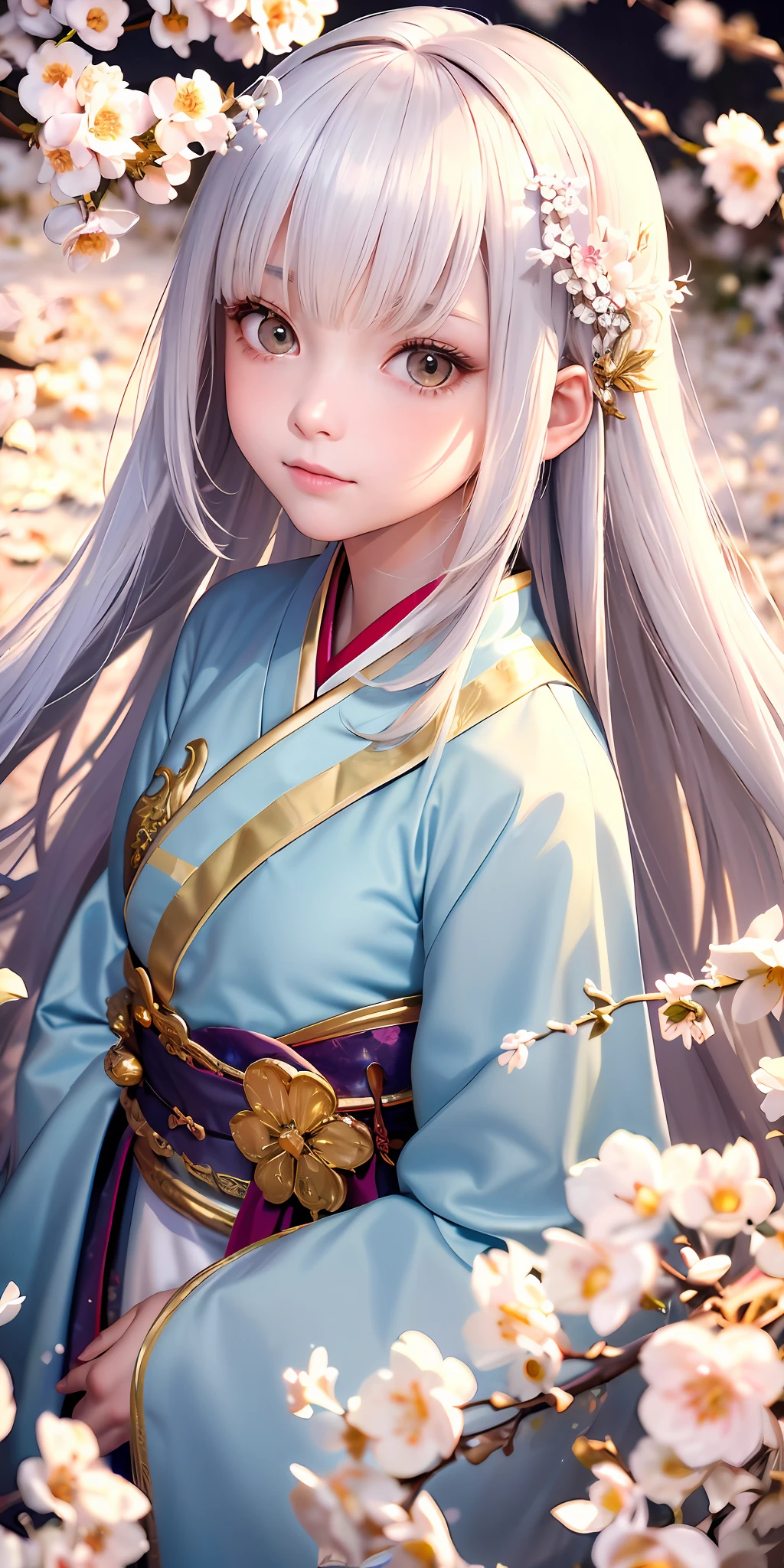 Excellent, (masterpiece, best quality: 1.2), white hair, 1 little girl, golden eyes, light blue hanfu, looking up, upper body, hair, fair skin, long hair, look at the camera, golden costume, portrait of a beautiful girl, shallow and deep scene, cherry blossom petals scattered, intricate details,