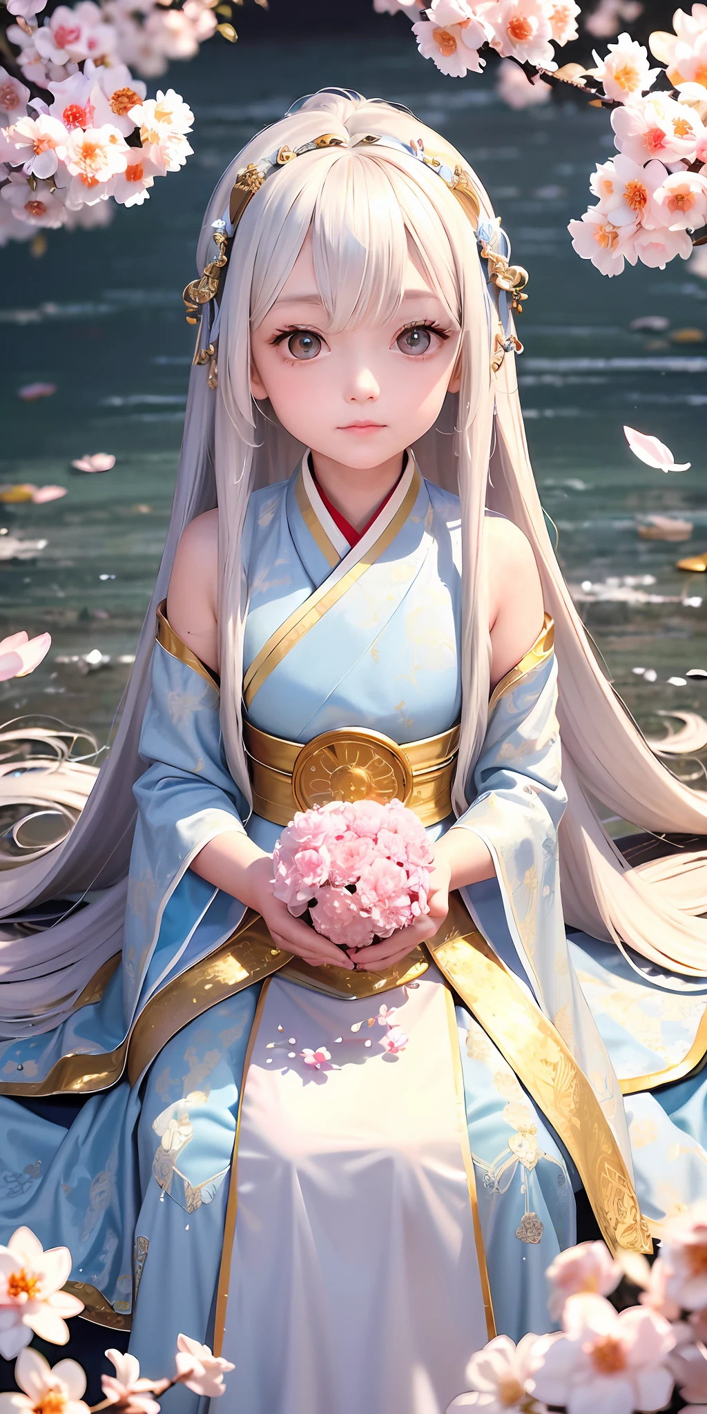 Excellent, (masterpiece, best quality: 1.2), white hair, 1 , golden eyes, light blue hanfu, looking up, upper body, hair, fair skin, long hair, look at the camera, golden costume, portrait of a beautiful girl, shallow and deep scene, cherry blossom petals scattered, intricate details,