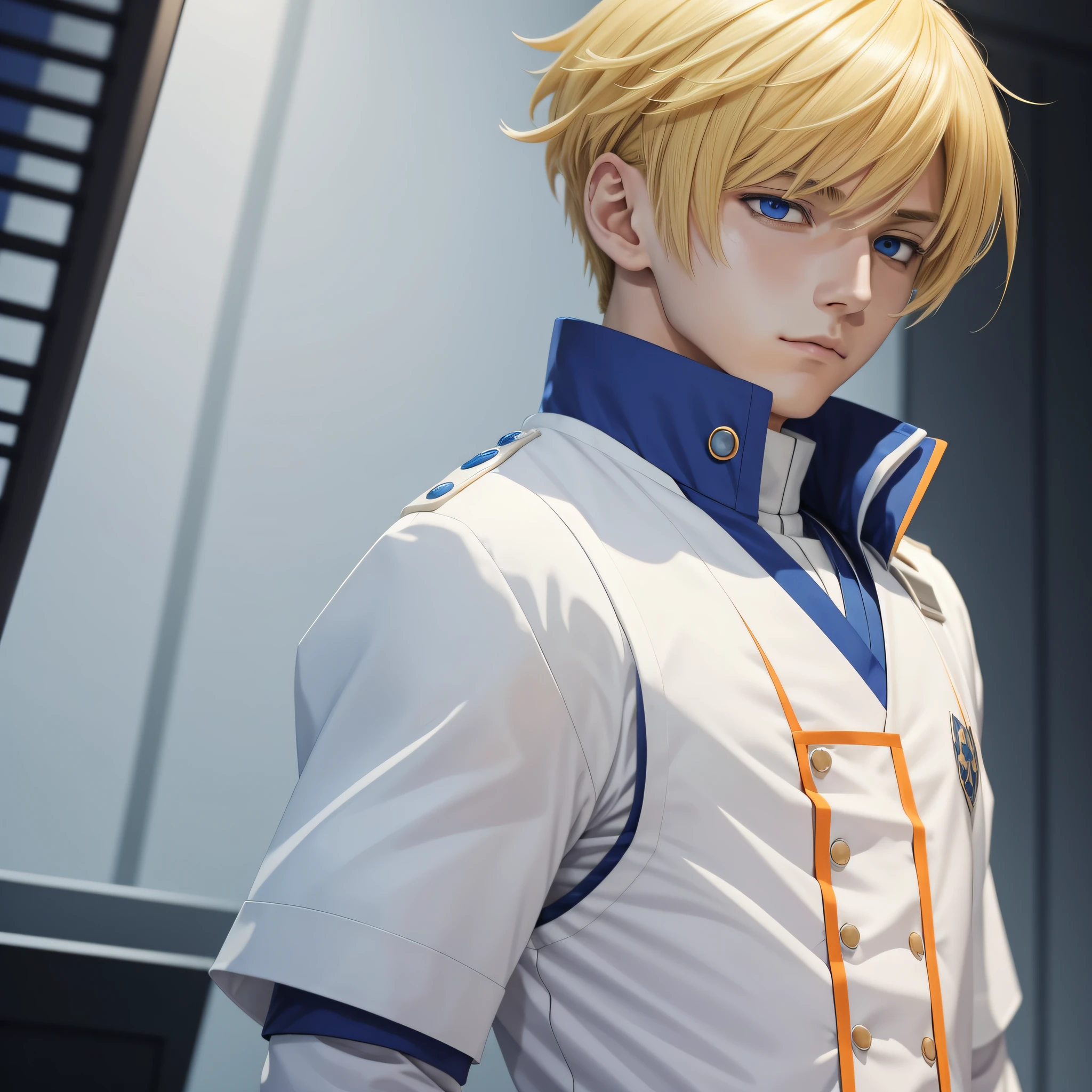 A closeup of a person with blonde hair, wearing a white outfit that covers his entire body, uniform over a blue vest with orange details, anime boy named Kurapika, anime character, manga character, Hunter x Hunter, shōnen anime character, anime style character, inspired by Hunter x Hunter, male anime character