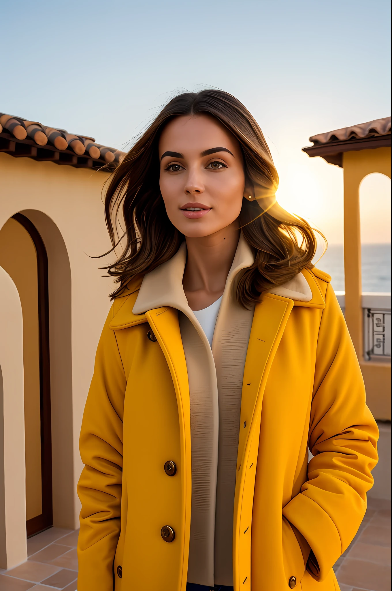 Close-up, Woman with brown hair, dynamic and elegant pose, wearing yellow coat, in a house with Mediterranean architecture, golden hour, 8k, hyper detailed, beautiful