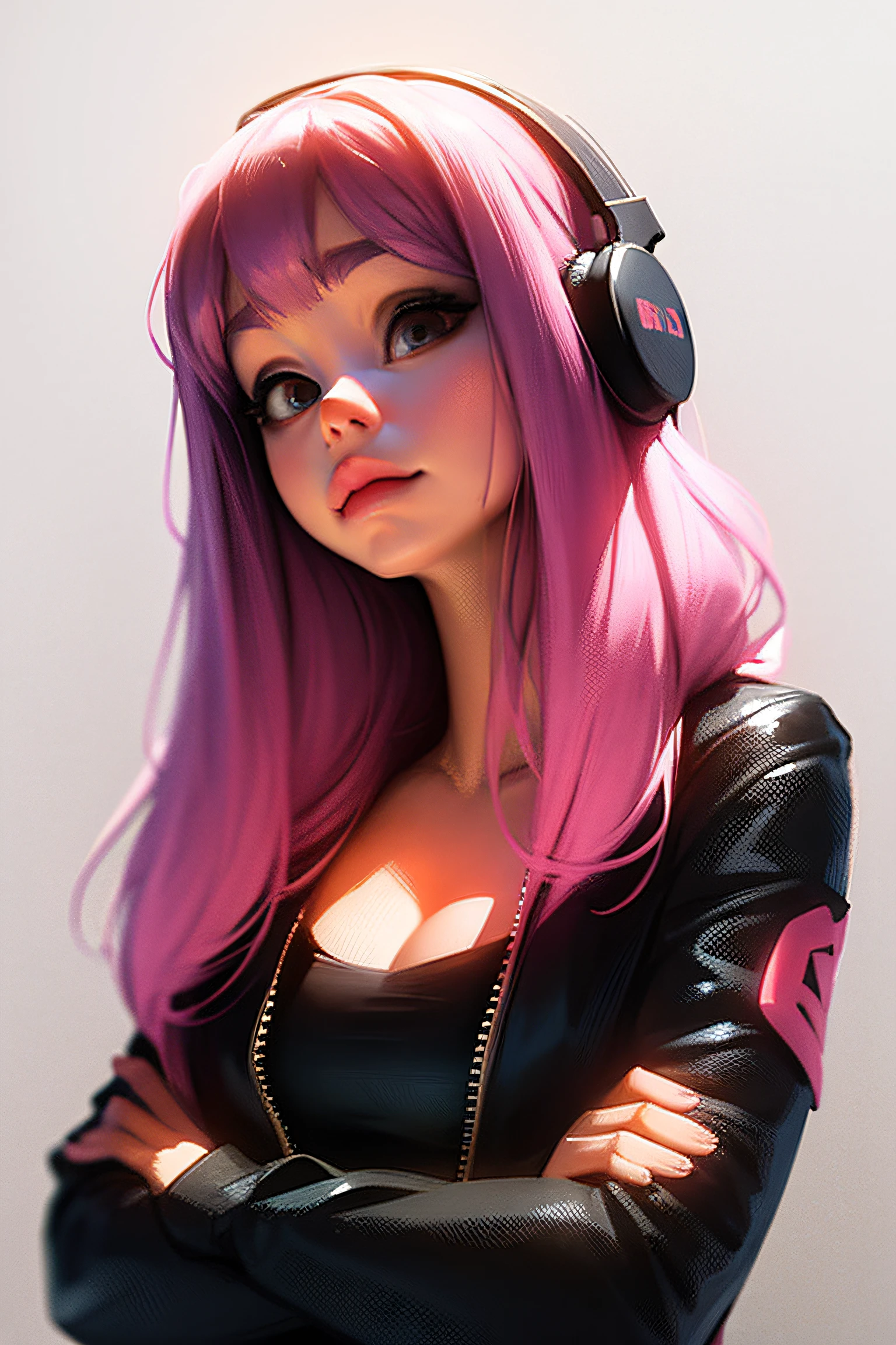 sam yang, 1girl, bangs, pink_hair, headphones,, breasts, cleavage, closed_mouth, crossed_arms, small_breasts, lips, long_hair, looking_at_viewer, solo, upper_body, ((masterpiece))