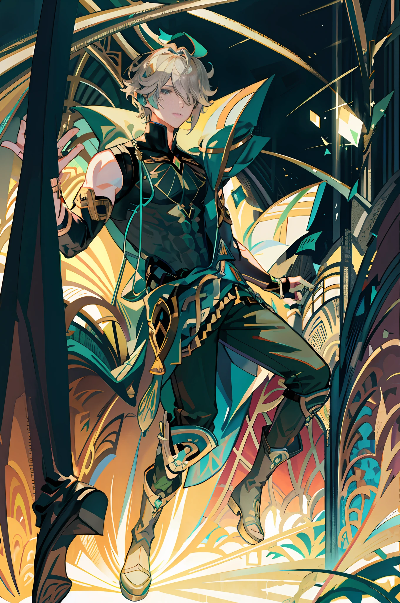 masterpiece, best quality,alhaitham\(genshin impact\), 1boy, male focus, shirt, solo, gloves, sleeveless shirt, grey hair, green eyes, sleeveless, ahoge, black shirt, bangs, hair over one eye, black gloves, indoors, sanctuary, fingerless gloves, black pants, pants, swept bangs, boots, bare shoulders, short hair, elbow gloves,(kbxll:0.6), open hands, muscles