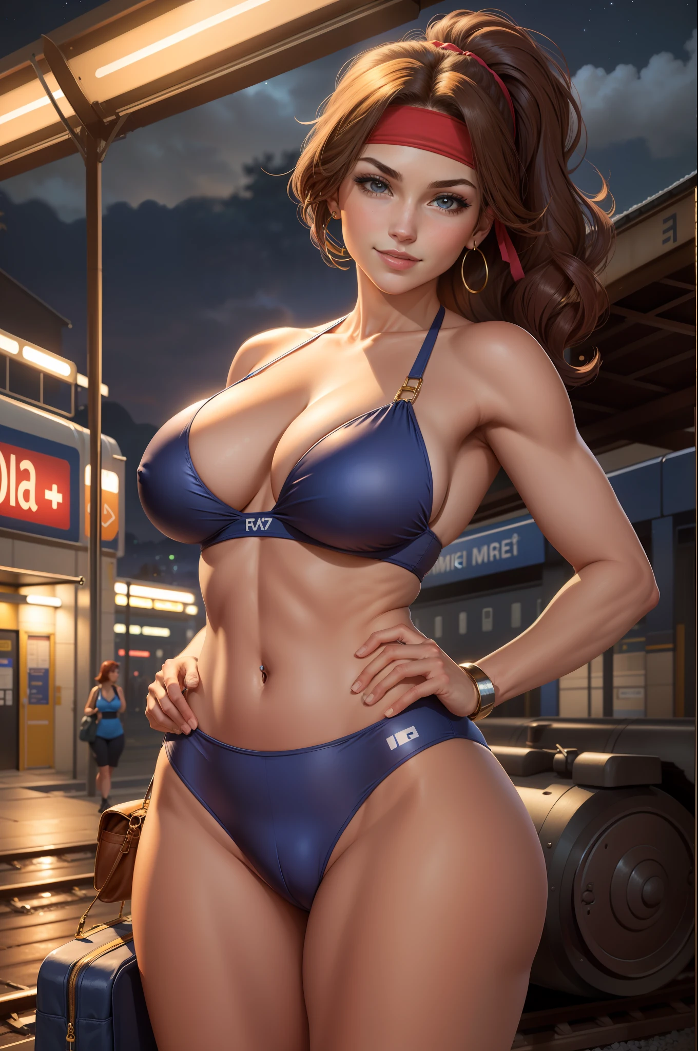 masterpiece, best quality, jessie rasberry, headband, blue bikini, cameltoe, smirk, looking at viewer, train station, night, (huge breasts)