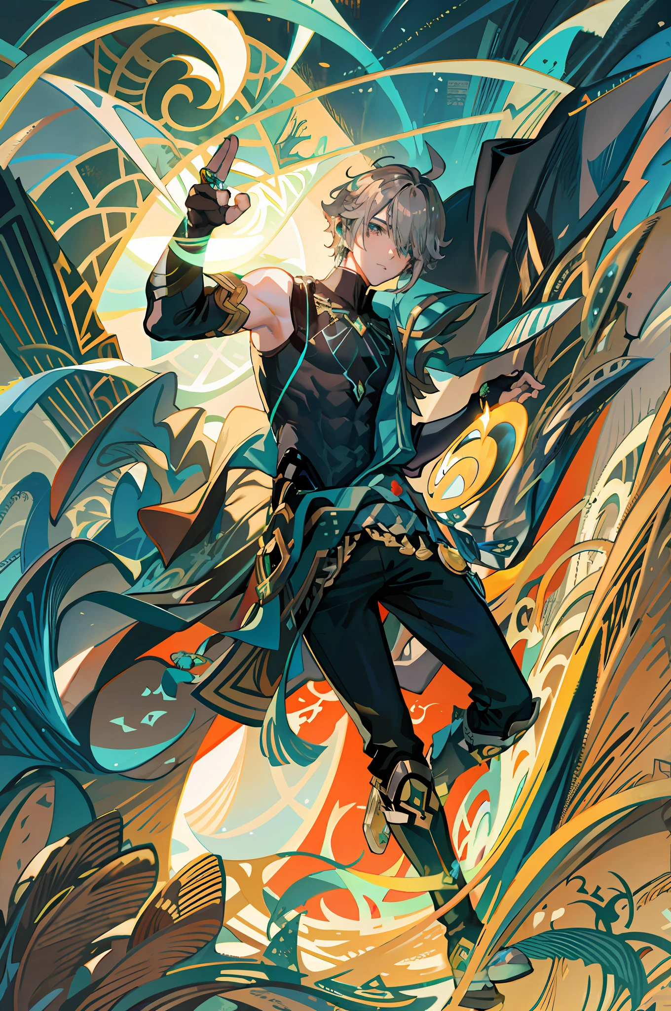 masterpiece, best quality,alhaitham\(genshin impact\), 1boy, male focus, shirt, solo, gloves, sleeveless shirt, grey hair, green eyes, sleeveless, ahoge, black shirt, bangs, hair over one eye, black gloves, indoors, sanctuary, fingerless gloves, black pants, pants, swept bangs, boots, bare shoulders, short hair, elbow gloves,(kbxll:0.6), open hands, muscles