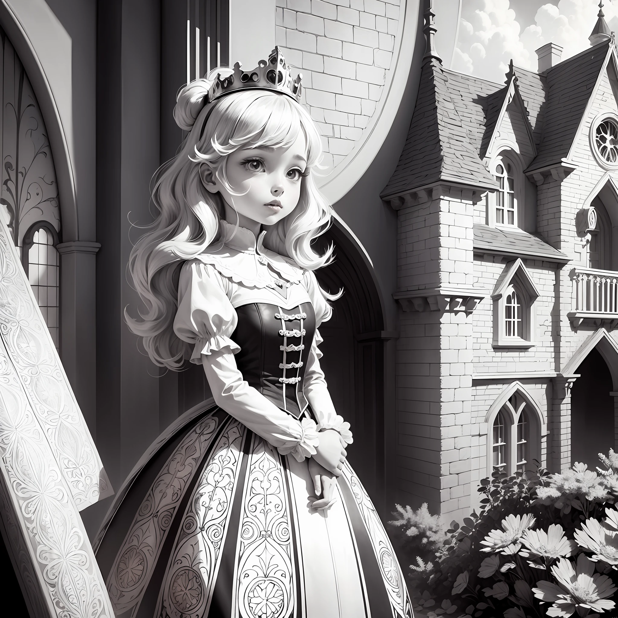 Coloring book page for children, black and white, white background, Princess in the backyard of a castle, cartoon illustration for children, color style and images inspired by Disney Pop Art, timeless art, high contrast shading, pictorial fabrics, grandiose environments, stained glass effects --auto --s2