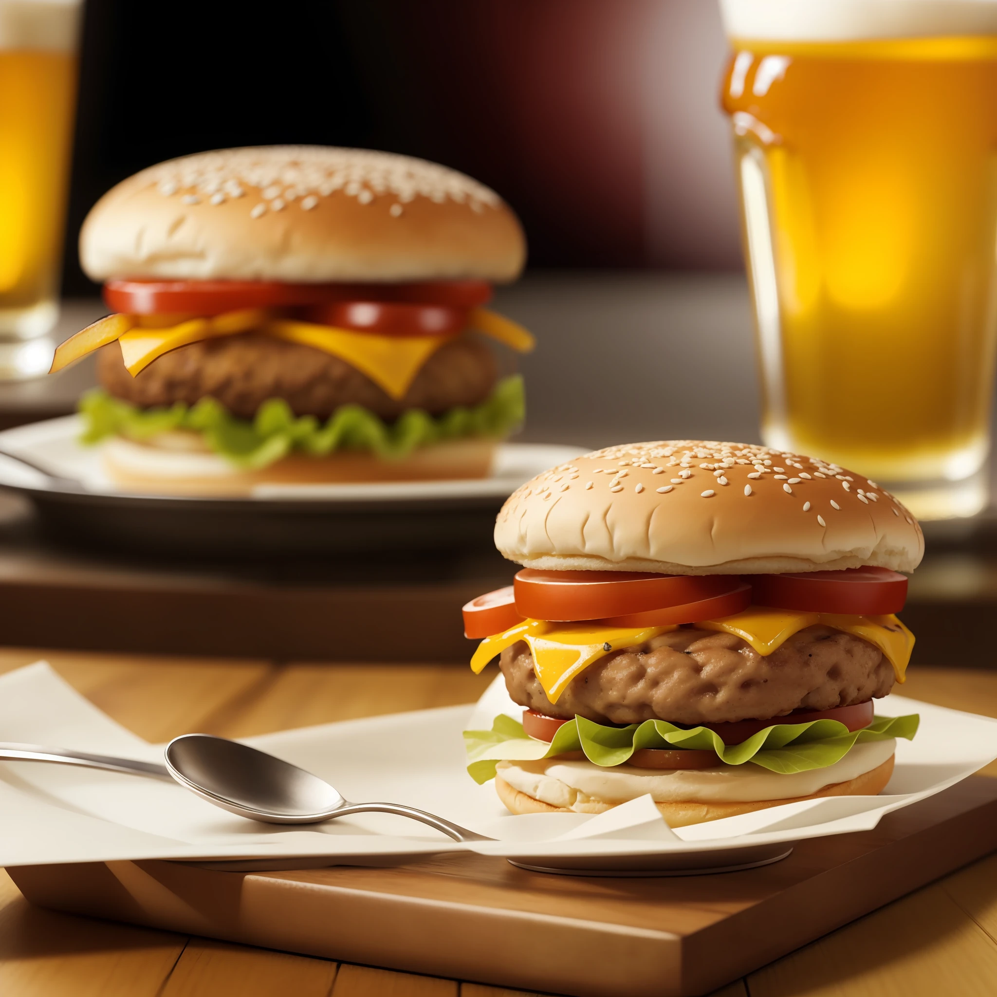 Close-up photo of a delicious macdonalds burger, ultra realistic, beer glass, depth of field, studio lighting, spoon, kodak vision 3, macro lens, rustic dinner background,