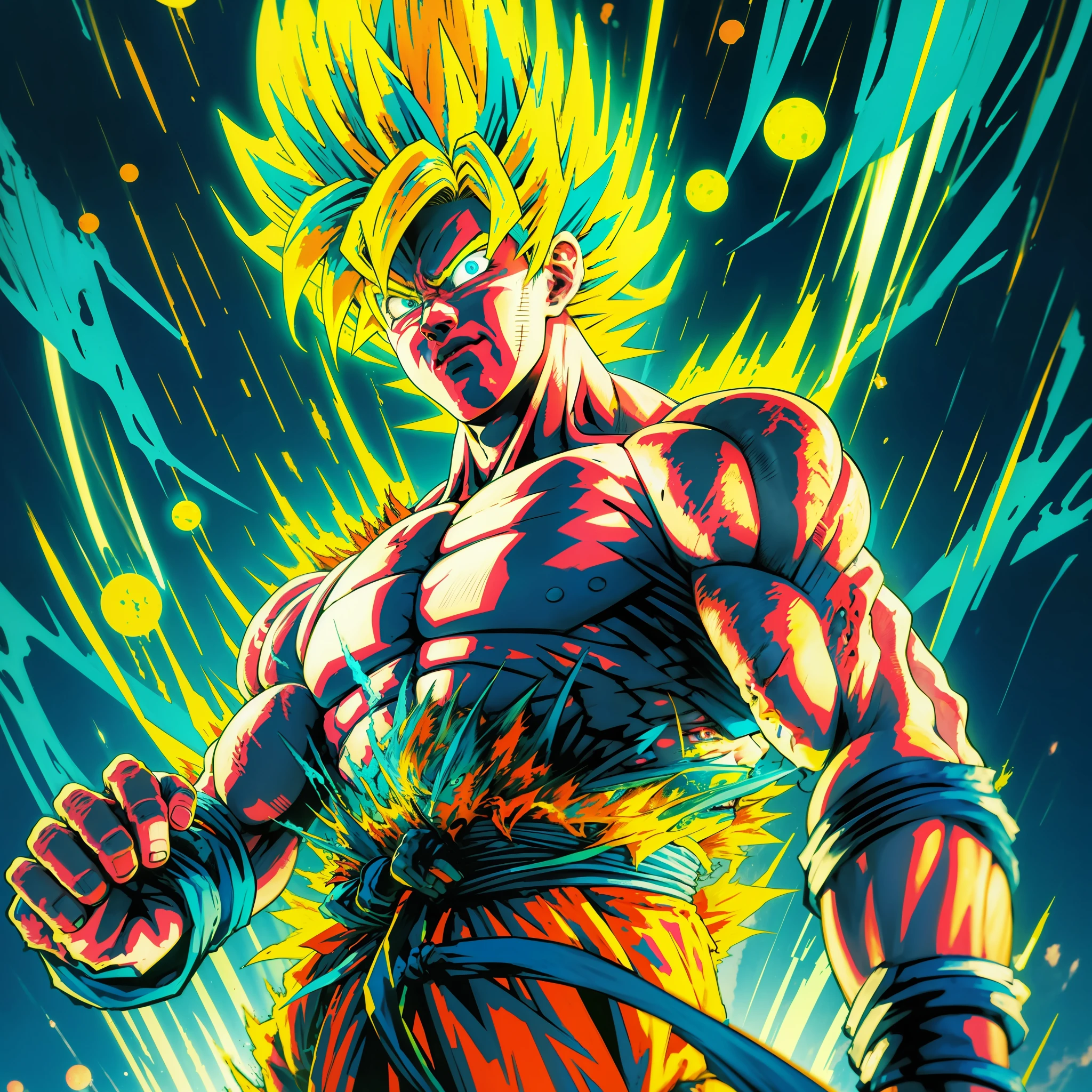 Goku, 1boy, anime, muscular man, clenched hands, yellow hair, green eyes, blue bracelet, sash, super sayajin, topless, yellow aura and neon, HDR, overflowing colors, closed mouth, designed by Akira toriyama