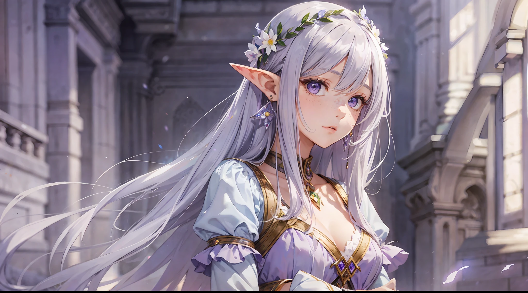 (watercolor: 1.2), elf princess, lilac flower, freckles, bangs, gray hair, long hair, lilac eyes, hair between eyes, earrings, blurred background, high resolution, beautiful breasts, medium chest, full body --auto --s2