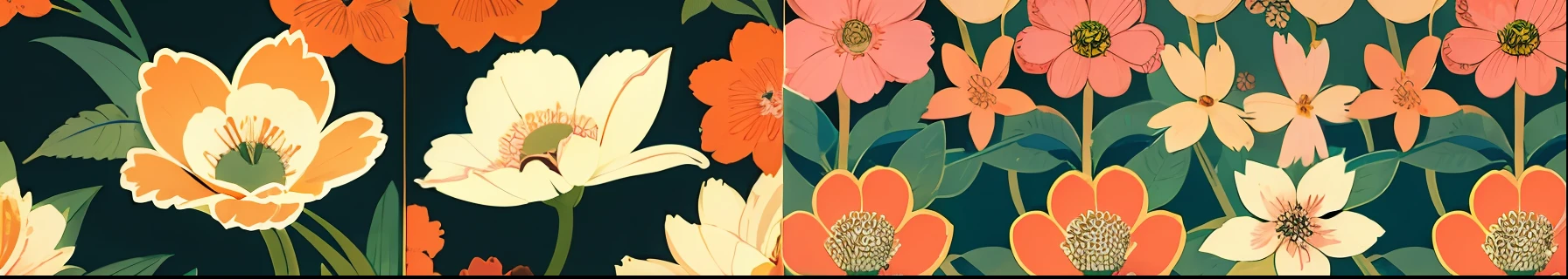 a close-up of a green and orange floral print fabric, green and pink fabric, inspired by Elizabeth Shippen Green, inspired by Katsushika Ōi, inspired by Eugène Grasset, inspired by Uemura Shōen, 70's, 70's, 1 9 2 0's, 7 0 - s, vintage! 5 colors image, flat illustration, 16:9 size, spring flower patterns with leaves, white background, textile design, repetitive fabric pattern, textile print, 8k, hd --auto --s2