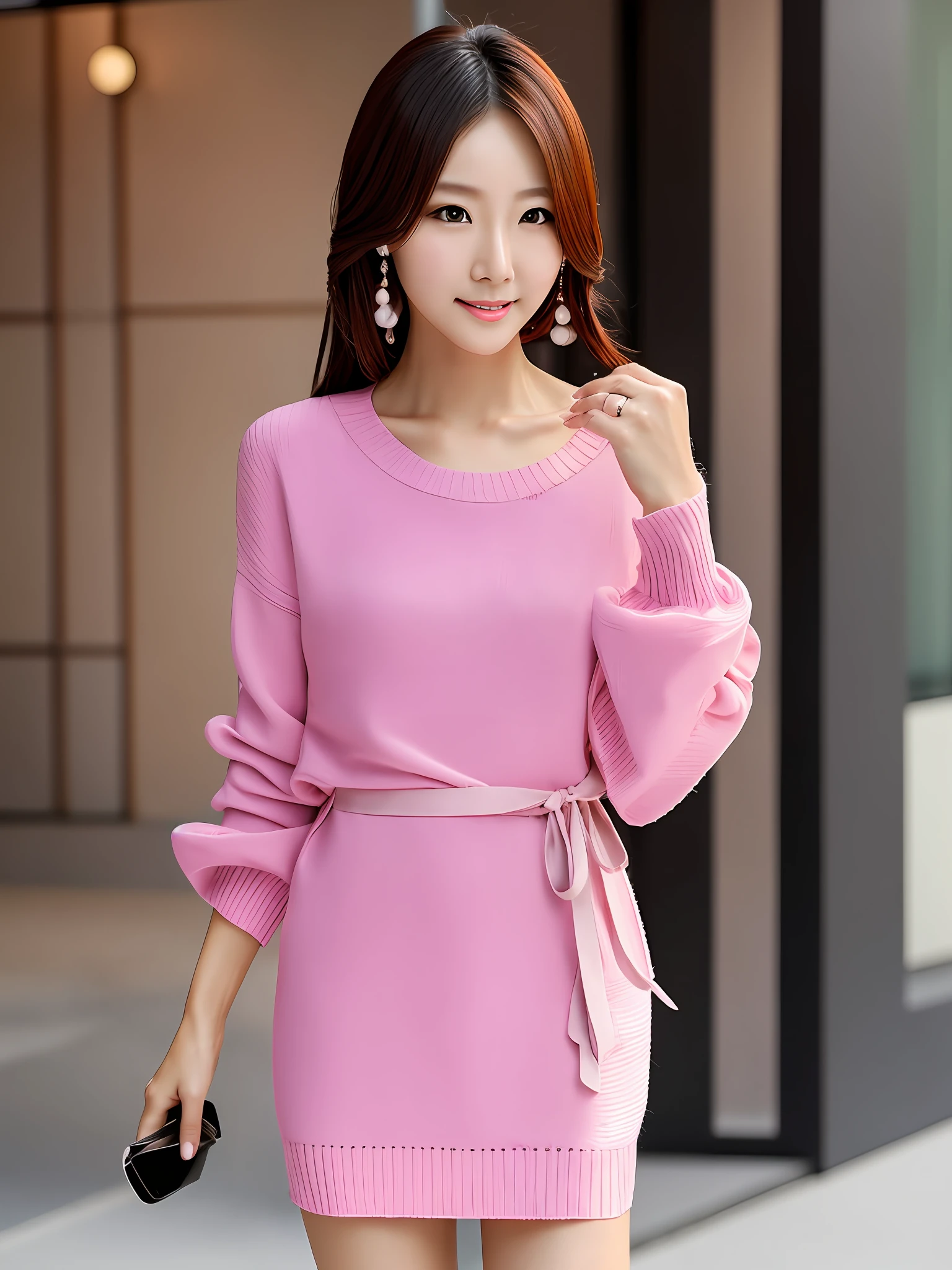 Gentle and charming japanese gbeautiful woman,  (raise her face  upwards at viewer:1.5), (looking at vewer:1,5), upper body photo, exquisite and sexy collarbone, charming oval face, (Perky and well-formed breasts:1.3), double eyelids, smart peach blossom eyes, pink lips, small nose, bare shoulders, focused face, face close-up,viultra-high-definition, Super details, elegant standing, a minimalist twisted long-sleeved knitted sweater, a simple shirt dress, fashionable dress, casually carrying a stylish bag with letters, very casual, --auto --s2
