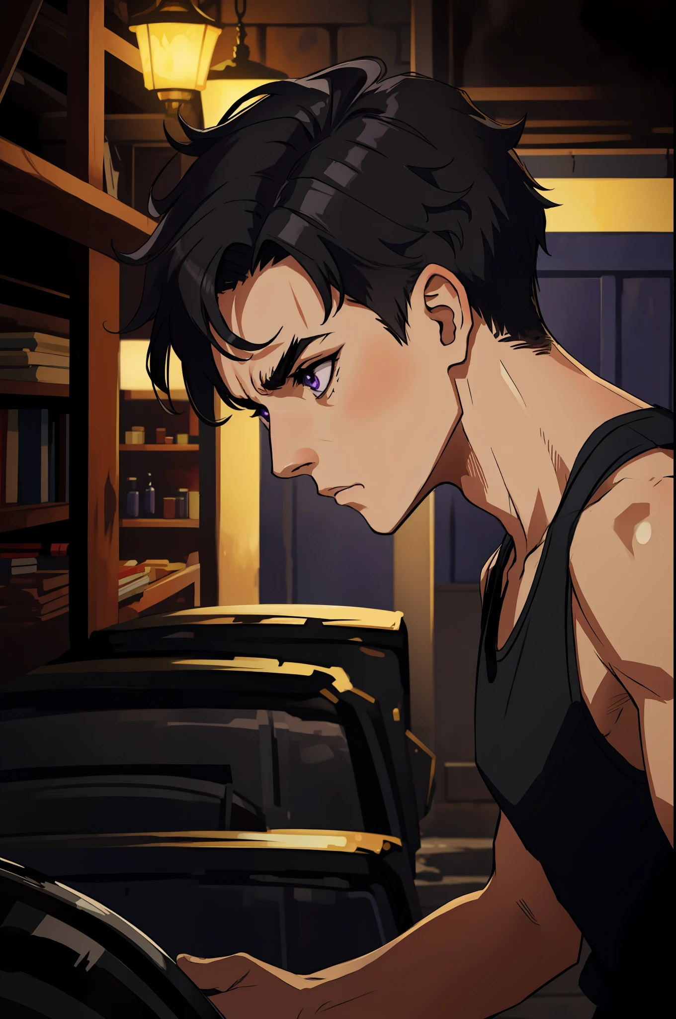 (masterpiece, best quality), intricate details, 8k, artstation, wallpaper, official art, splash art, sharp focus, 
1Boy, looking forward, very short hair above the ear half shaved on the sides, black/black hair, purple eyes, with an angry expression, furrowed brows, with a white tank top, angry expression, dark basement in the background, dark basement impression