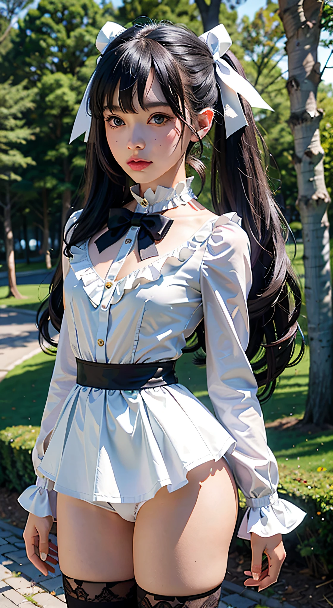 Realistic, Photorealistic, NSFW, Solo, Solo Focus, Cinematic Light, (Detailed Face and Beautiful Eyes: 1.2), (Masterpiece: 1.5), (Best Quality): 1.2), Ribbon, Black Ribbon, Kawaii Eyes, Twin Tails, Thigh Socks, Black Hair, Lace, Cowboy Shots, Shirts, Black Footwear, Mine System, Black Bow Tie, Bangs, Long Sleeves, Ruffles, Ribbon, standing, white underwear, taut underwear, blue bow, hair ribbon, hair bow, long hair, choker, small breasts, small ass, Orchan-6500