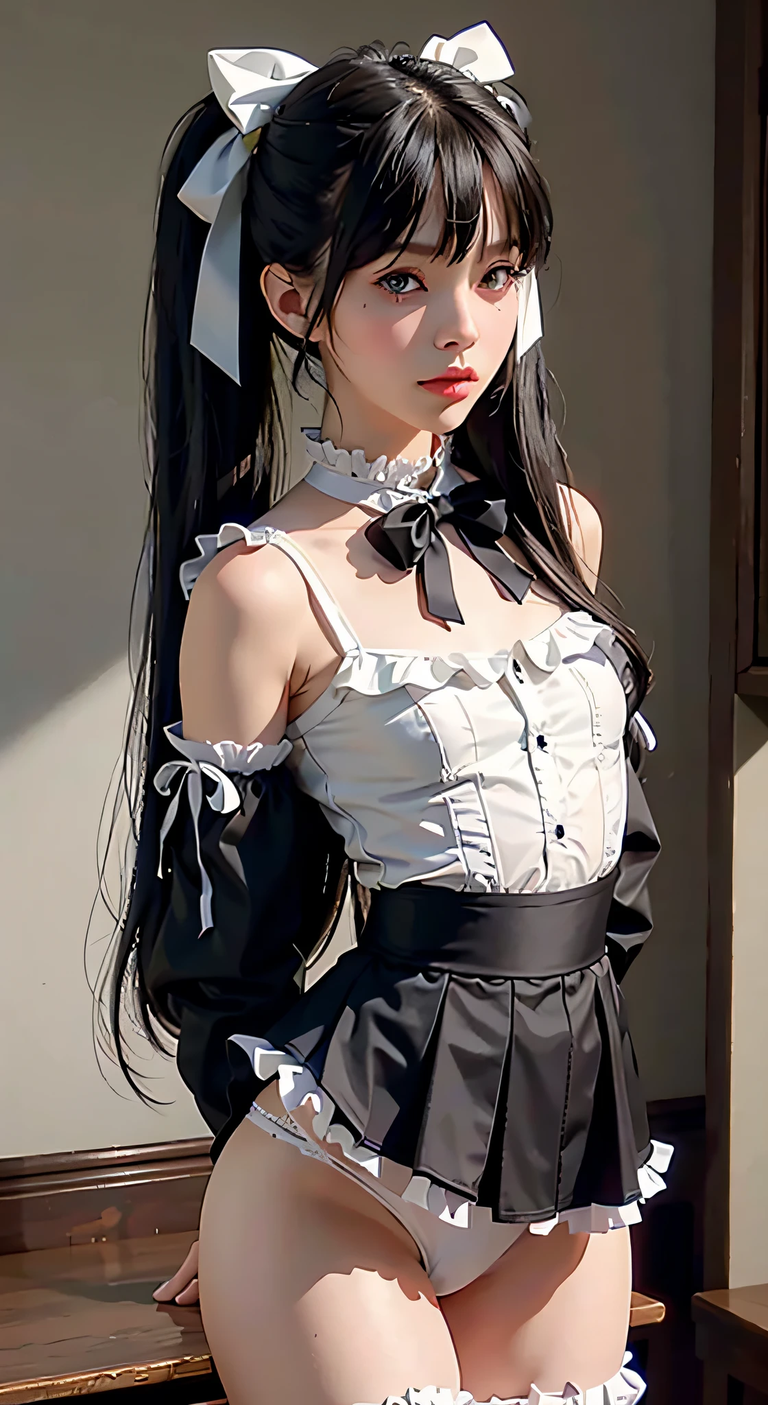 Realistic, Photorealistic, NSFW, Solo, Solo Focus, Cinematic Light, (Detailed Face and Beautiful Eyes: 1.2), (Masterpiece: 1.5), (Best Quality): 1.2), Ribbon, Black Ribbon, Kawaii Eyes, Twin Tails, Thigh Socks, Black Hair, Lace, Cowboy Shots, Shirts, Black Footwear, Mine System, Black Bow Tie, Bangs, Long Sleeves, Ruffles, Ribbon, standing, white underwear, taut underwear, blue bow, hair ribbon, hair bow, long hair, choker, small breasts, small ass, Orchan-6500
